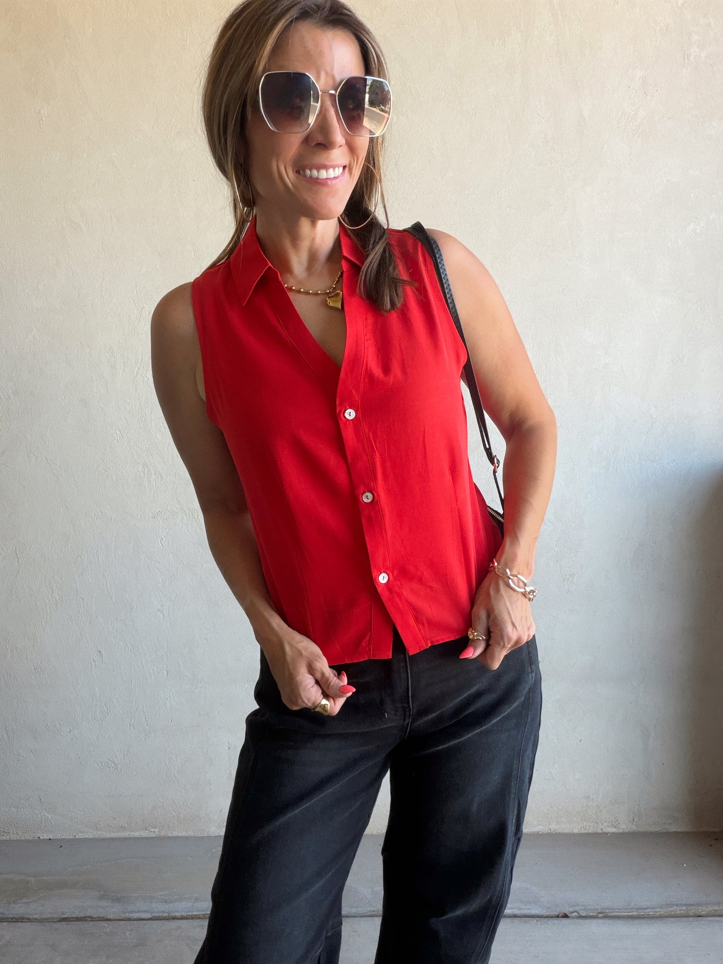 Cass Collared Tank in Red