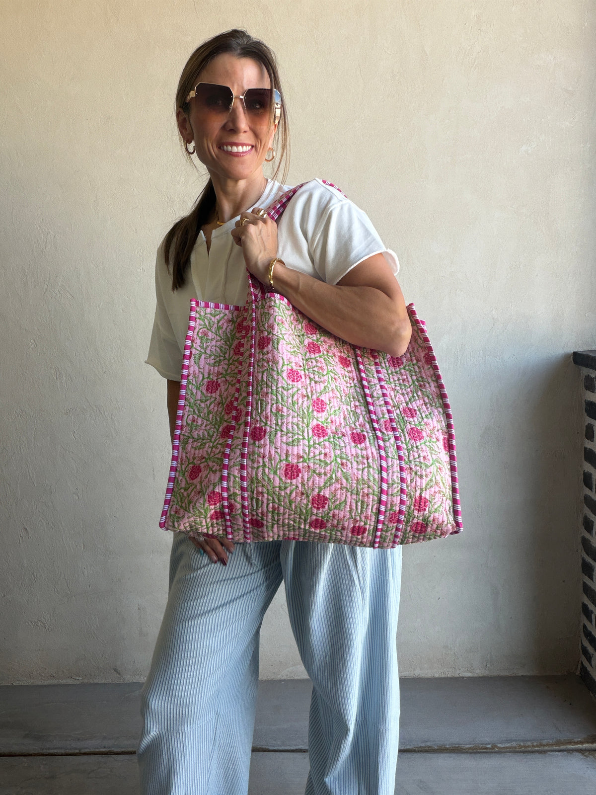 Mindee Quilted Bag – Pink, Light Pink & Green