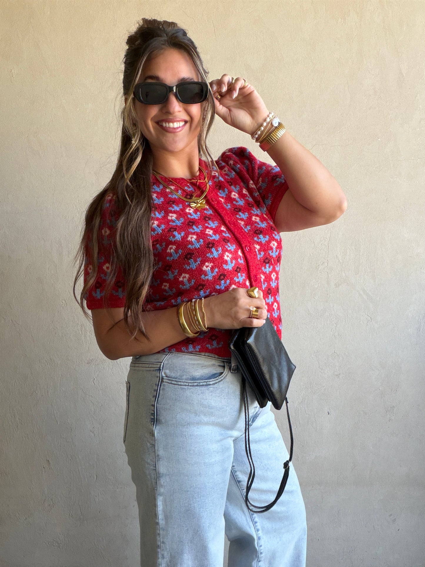 Maddy Button Down Cardigan in Red & Blue