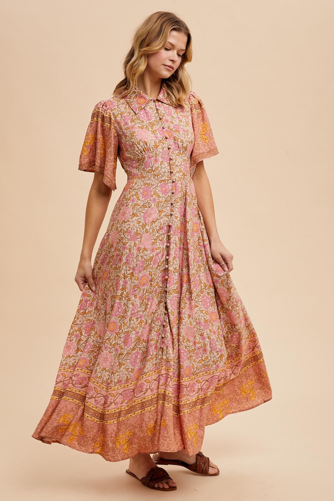 Cassie Border Print Dress in Natural Rose