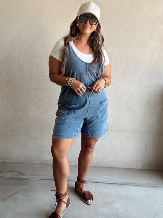 Millie Mineral Washed Romper in Navy