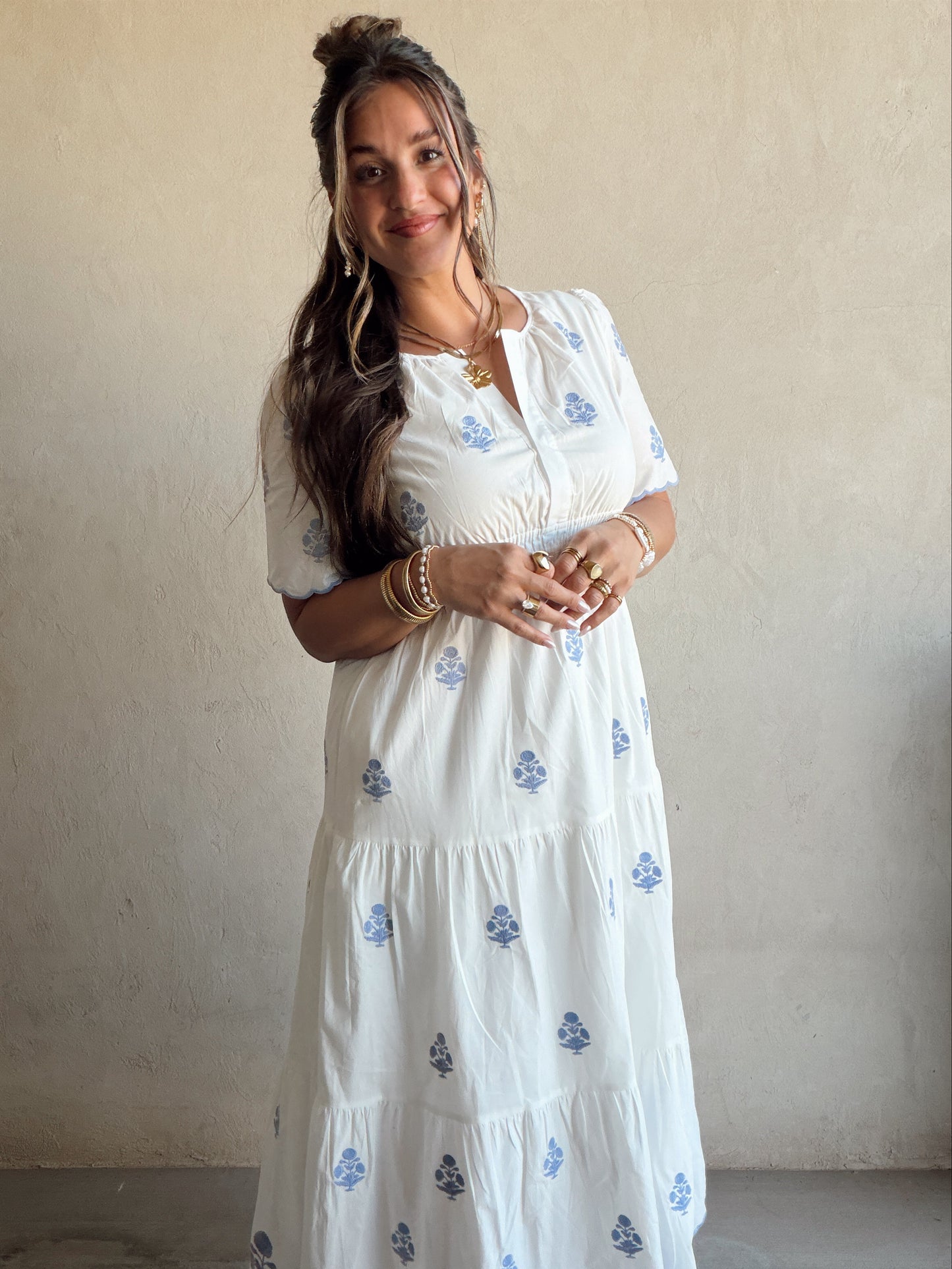 Perry Floral Dress in White & Blue