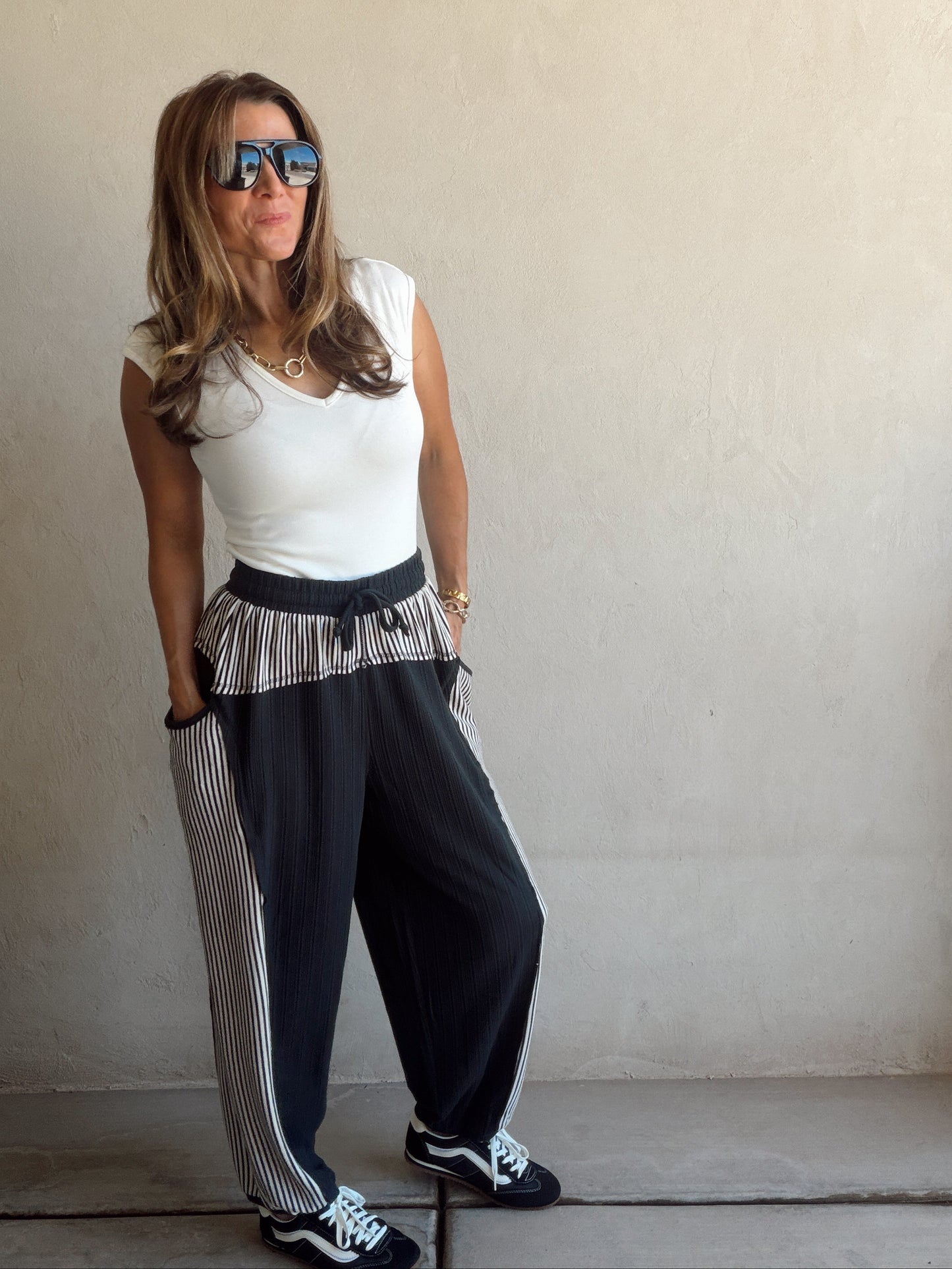 Barrel Pants in Charcoal & Stripes