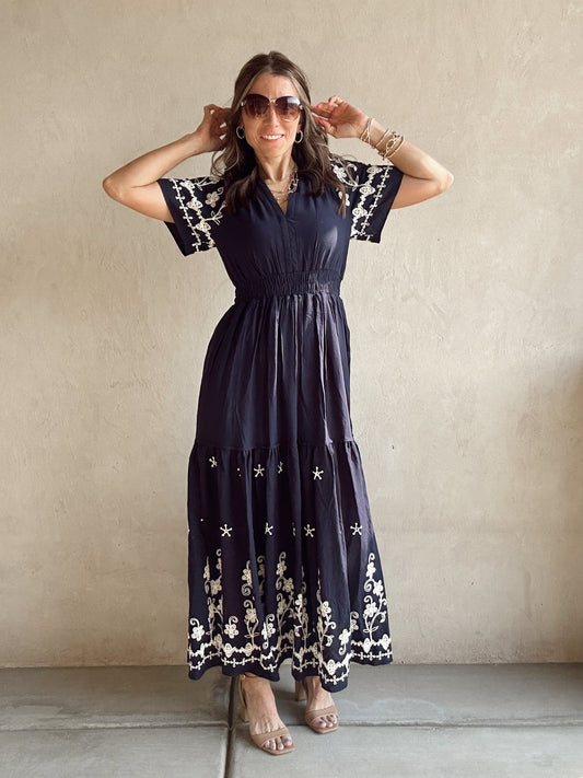Pyper Embroidered Dress in Navy