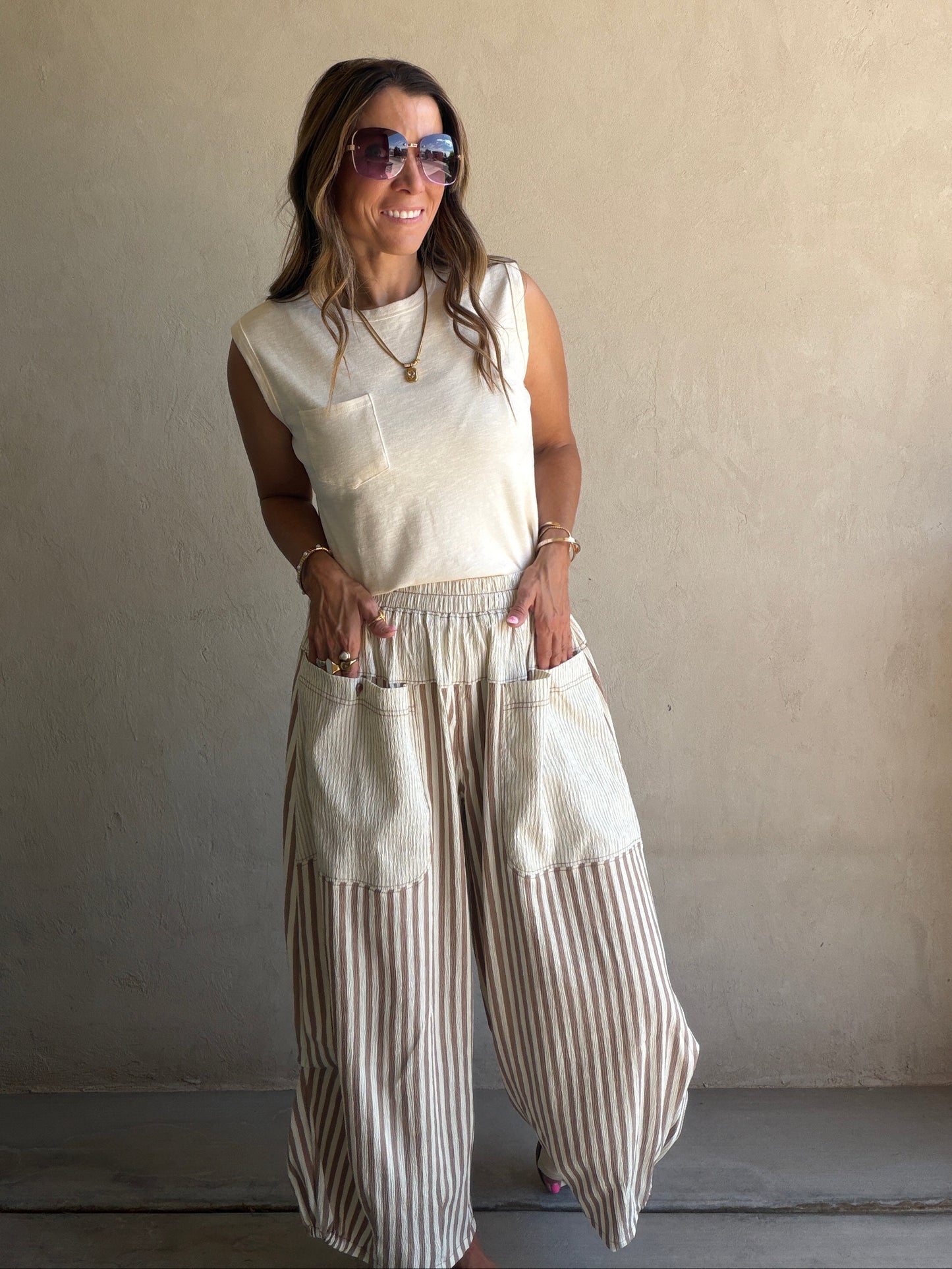 Charley Striped Parachute Pants in Mocha & Cream