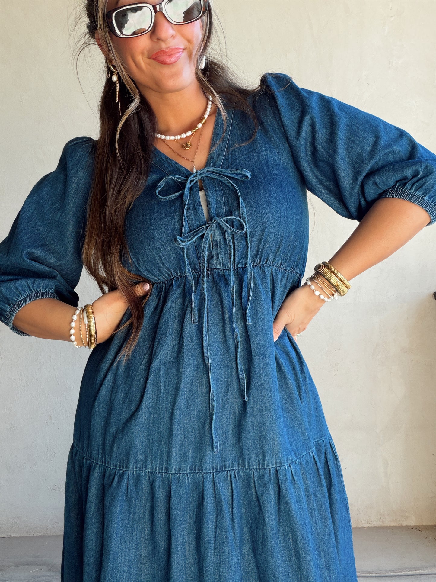 Jolee Bow Maxi Dress in Denim