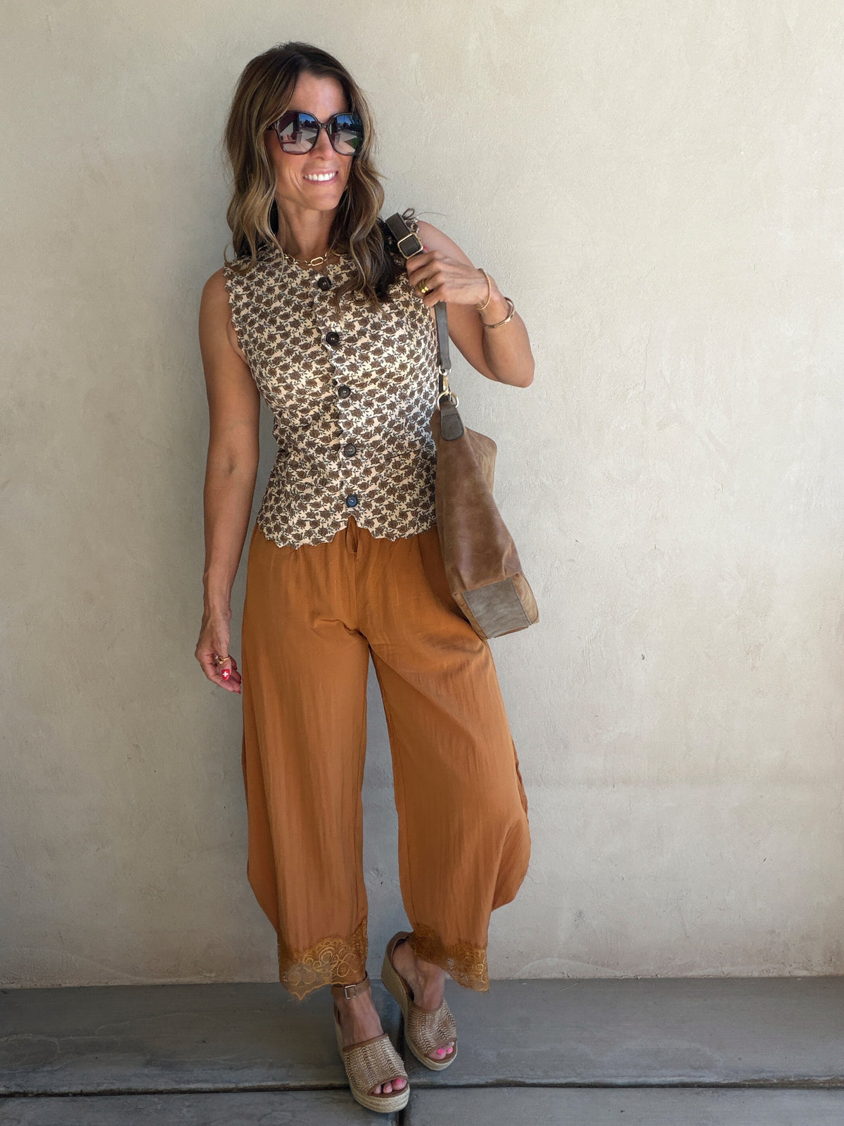 Bella Lace Detailed Pants in Camel