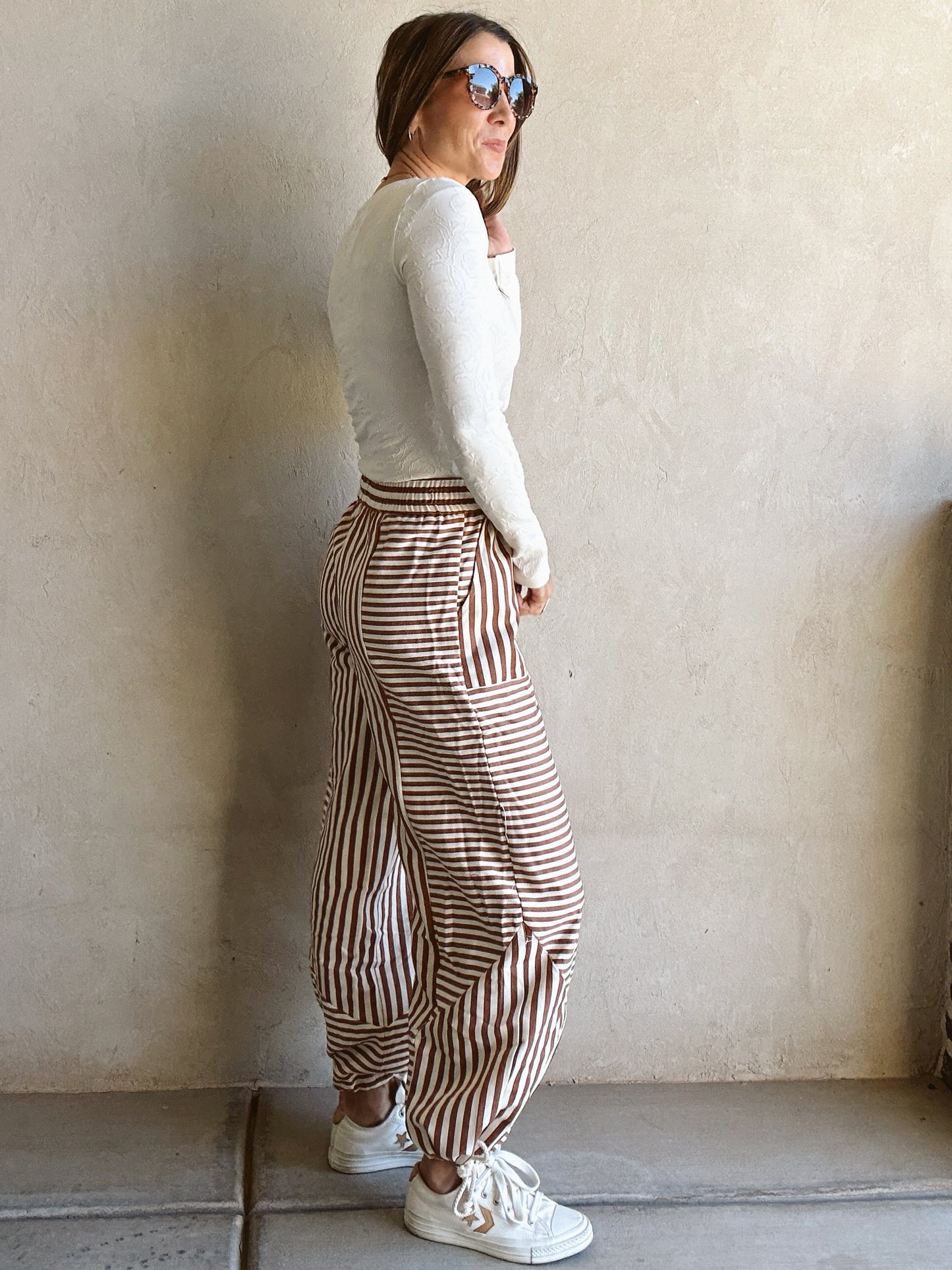 Ella Parachute Striped Pants in Pecan & Ivory
