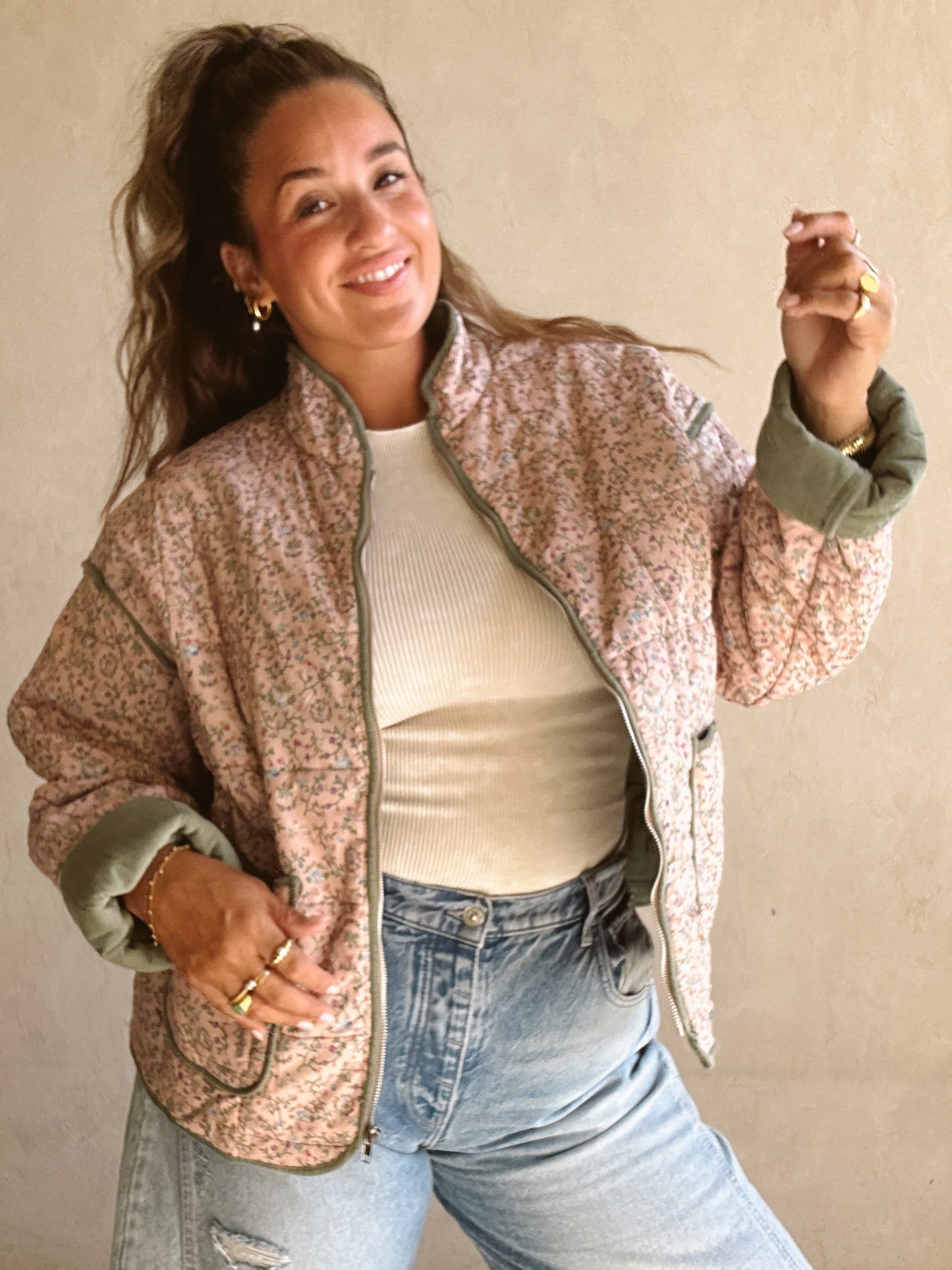 Amber Quilted Jacket in Pink and Sage