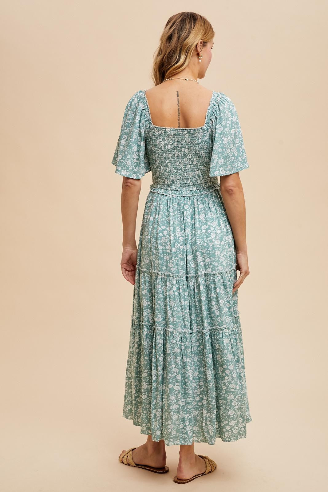 Nellie Square Neck Dress in Green Floral