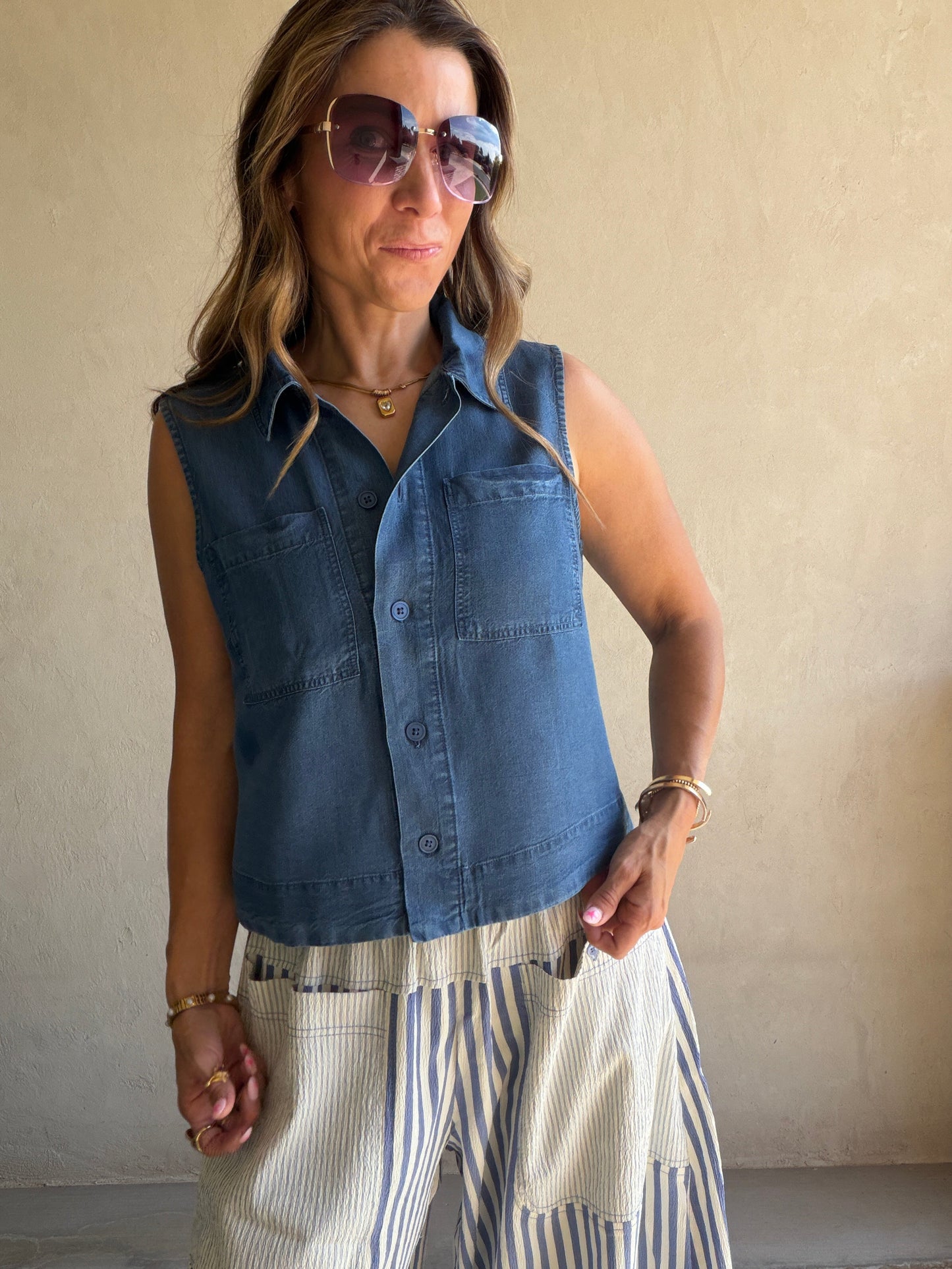 Courtney Collared Top in Dark Denim