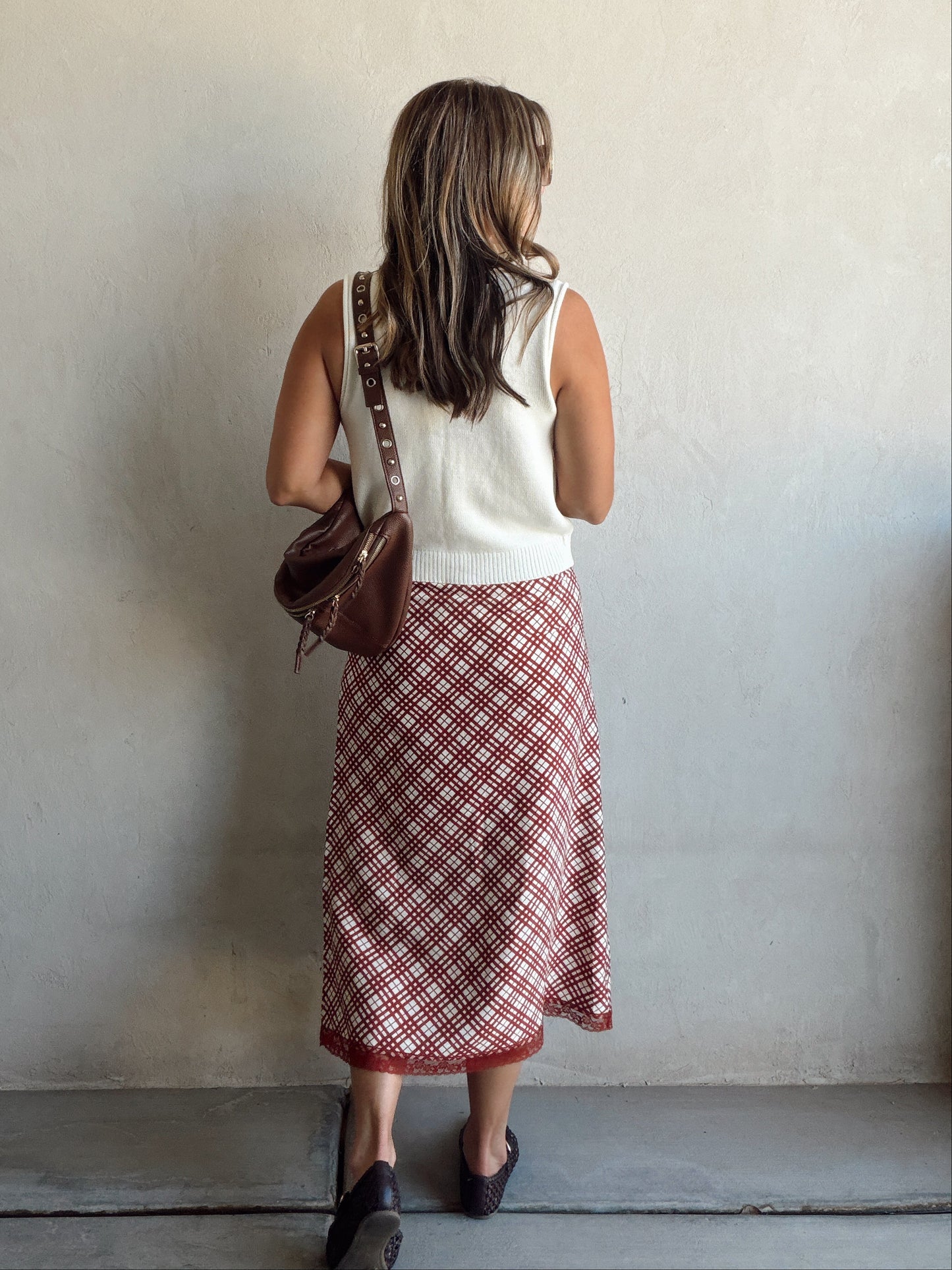 Plaid Skirt in Burgundy & Cream