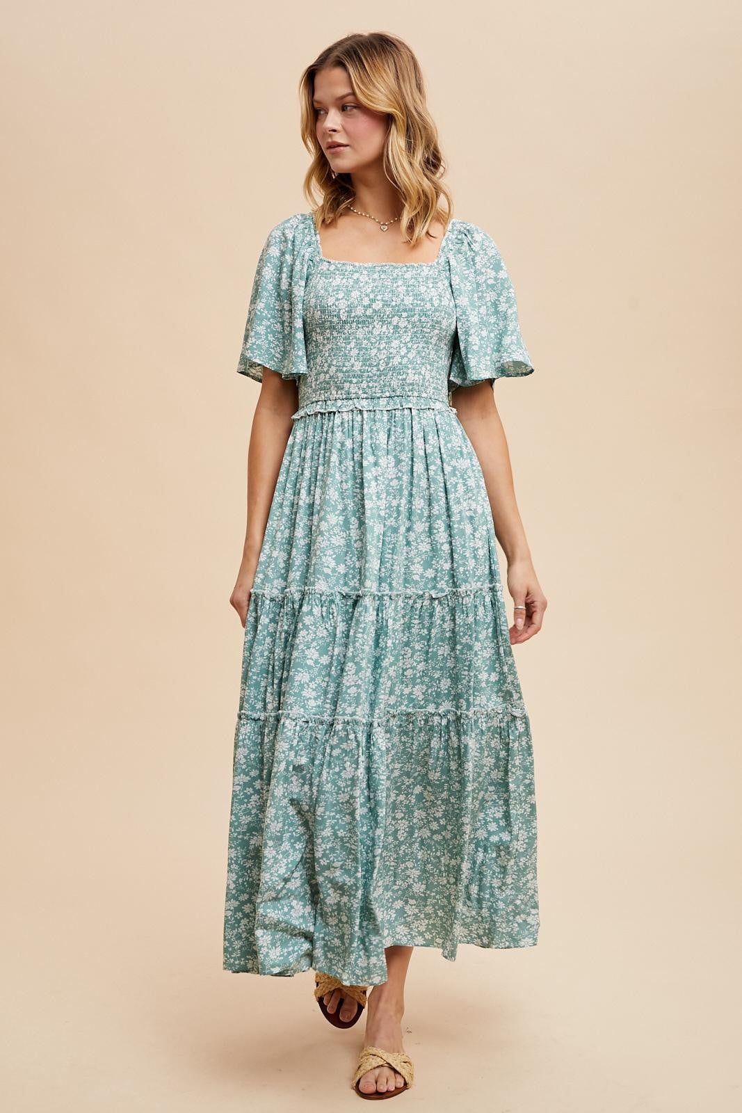 Nellie Square Neck Dress in Green Floral