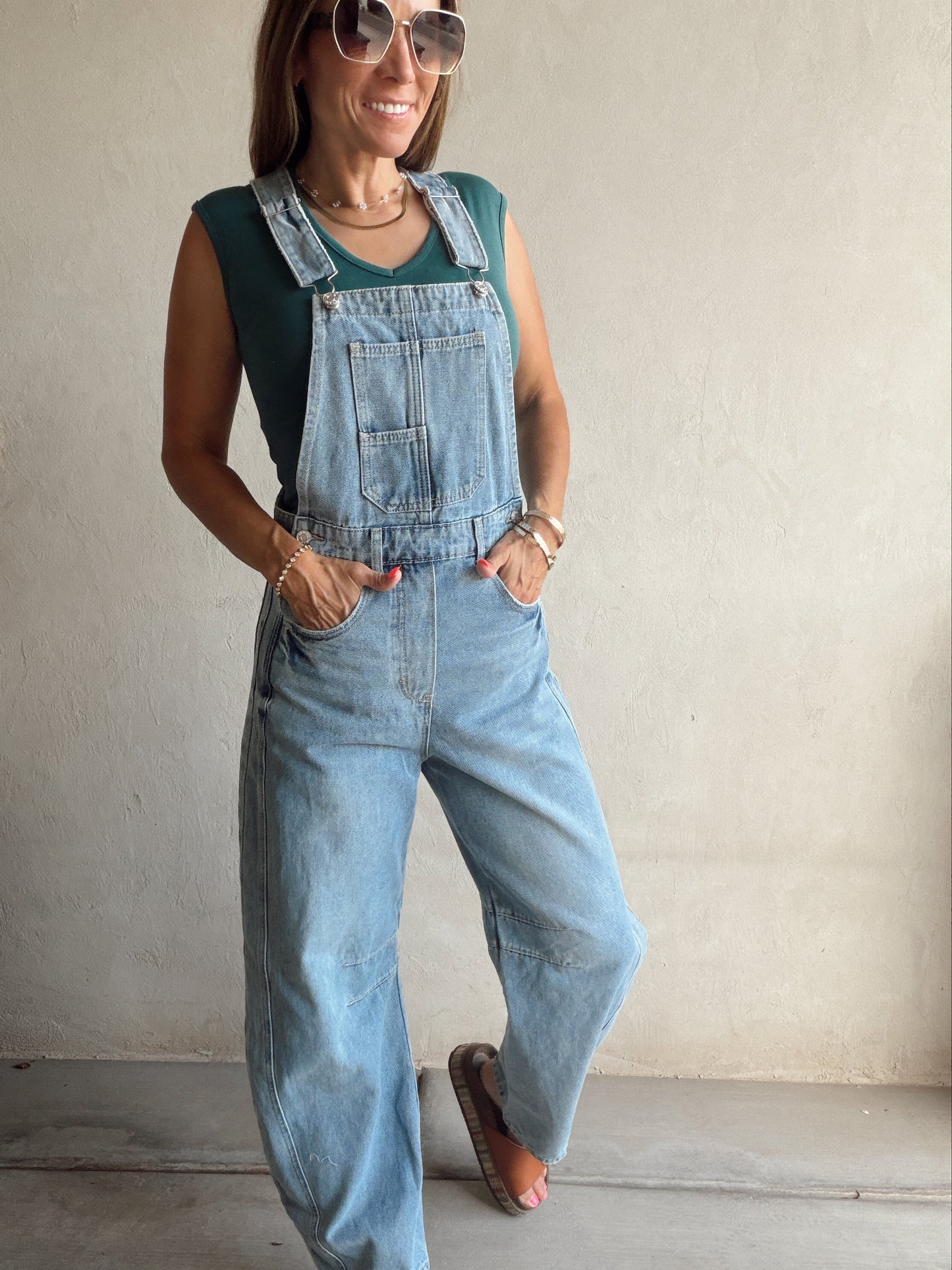 Bridget Denim Barrel Overalls in Medium Wash