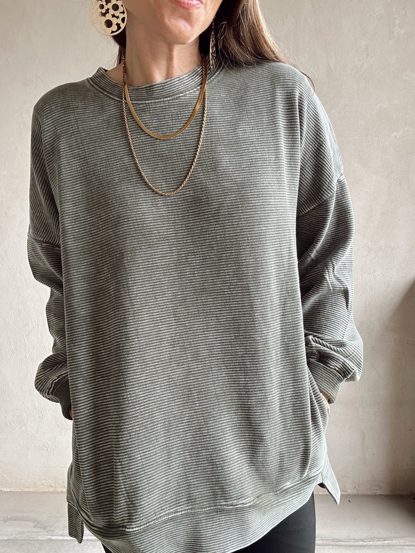 Dallas Double Ribbed Pullover in Army Green