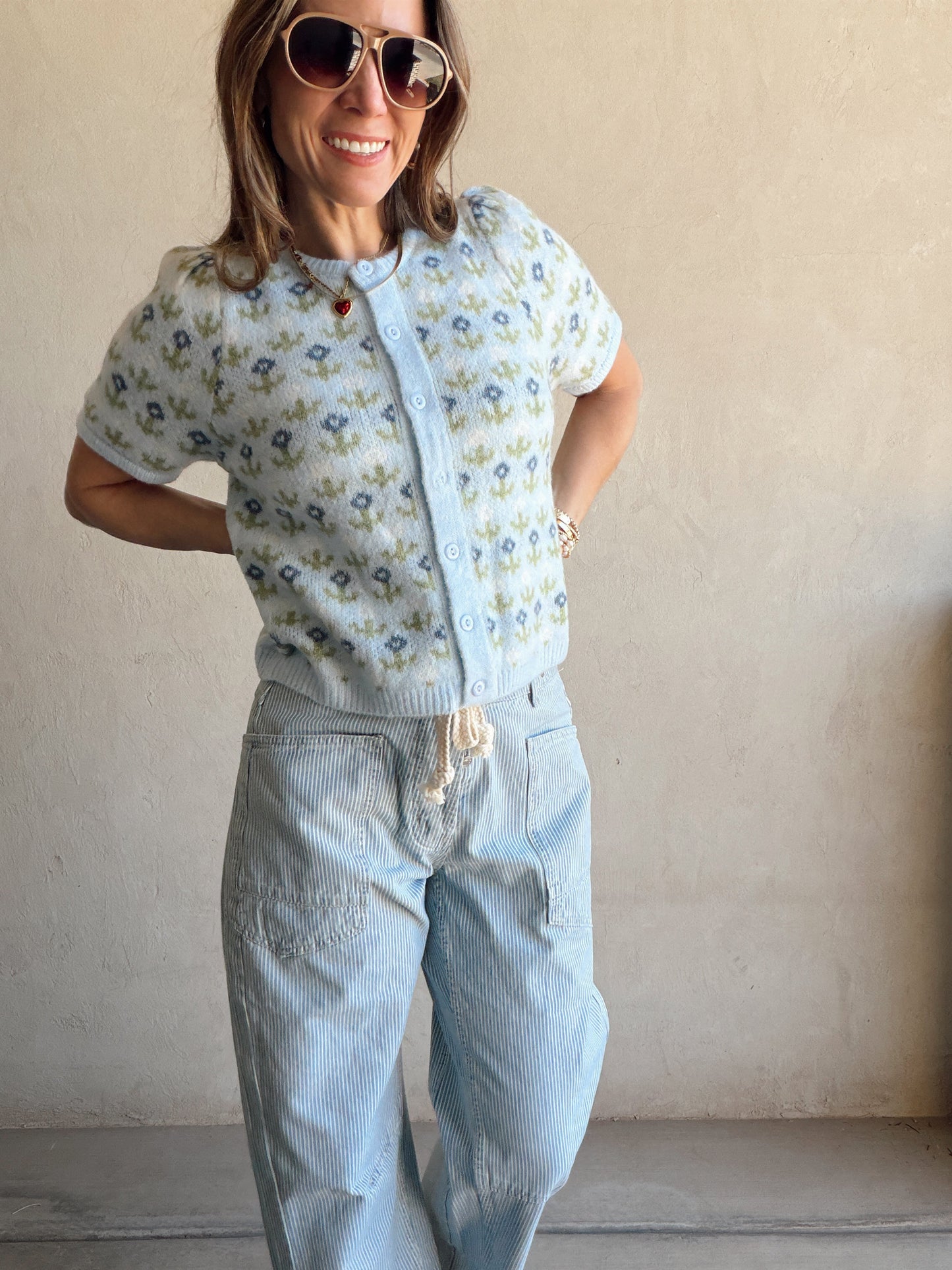 Maddy Button Down Cardigan in Light Blue & Green