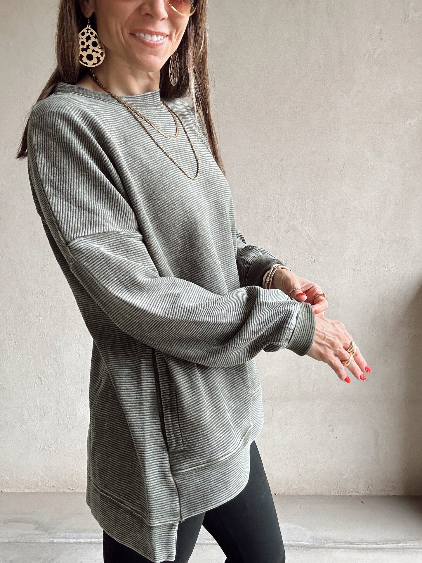 Dallas Double Ribbed Pullover in Army Green