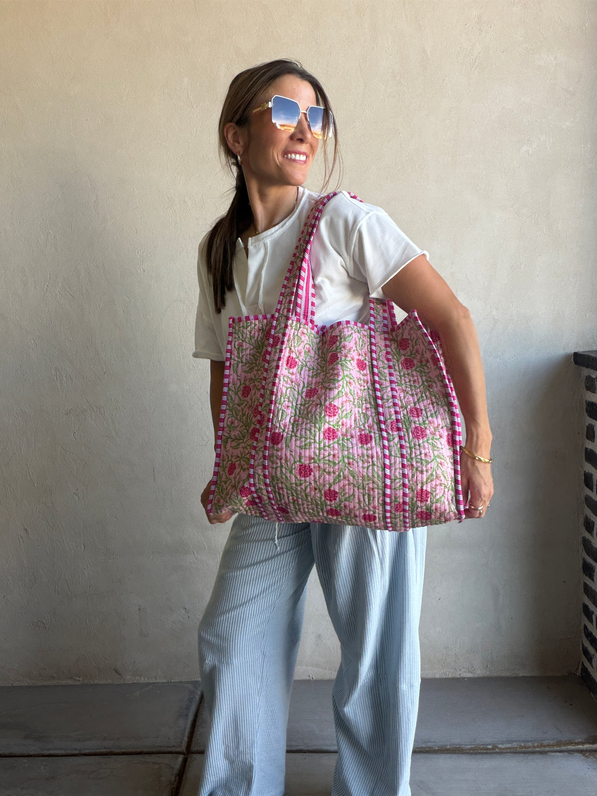 Mindee Quilted Bag – Pink, Light Pink & Green