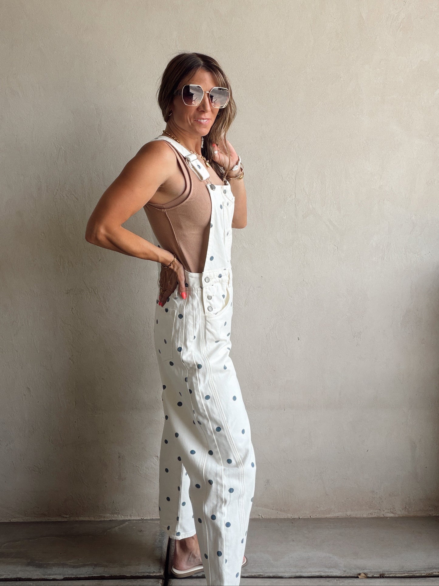 Leah Barrel Overalls in Cream with Blue Polka Dots