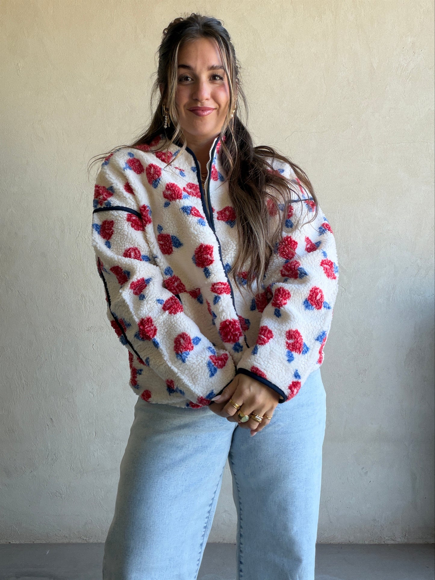 Luann Sherpa Jacket in Cream, Navy, & Red