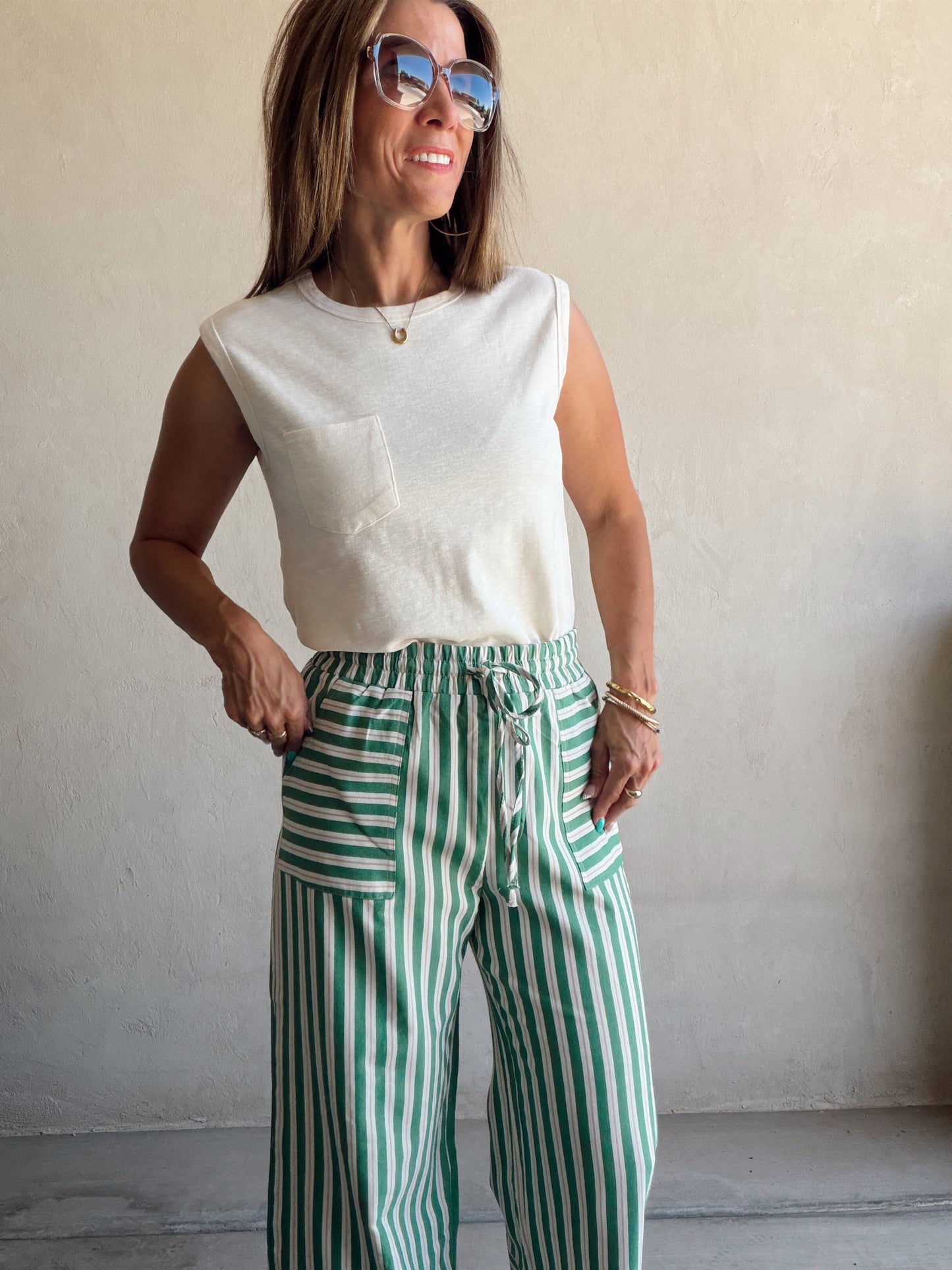 Kyla Drawstring Stripe Linen Pants in Green & Sand