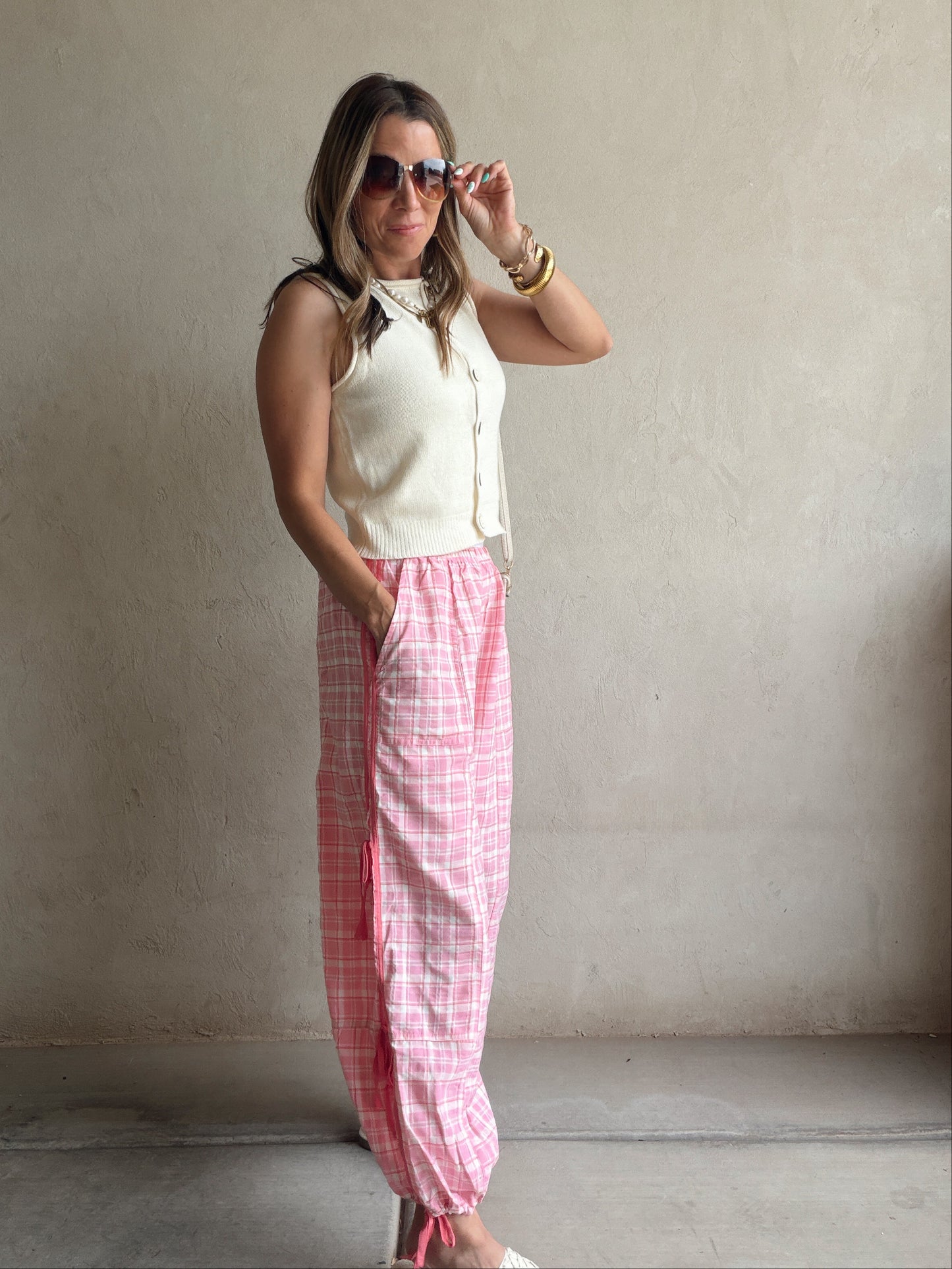 Christine Parachute Pants in Pink Plaid