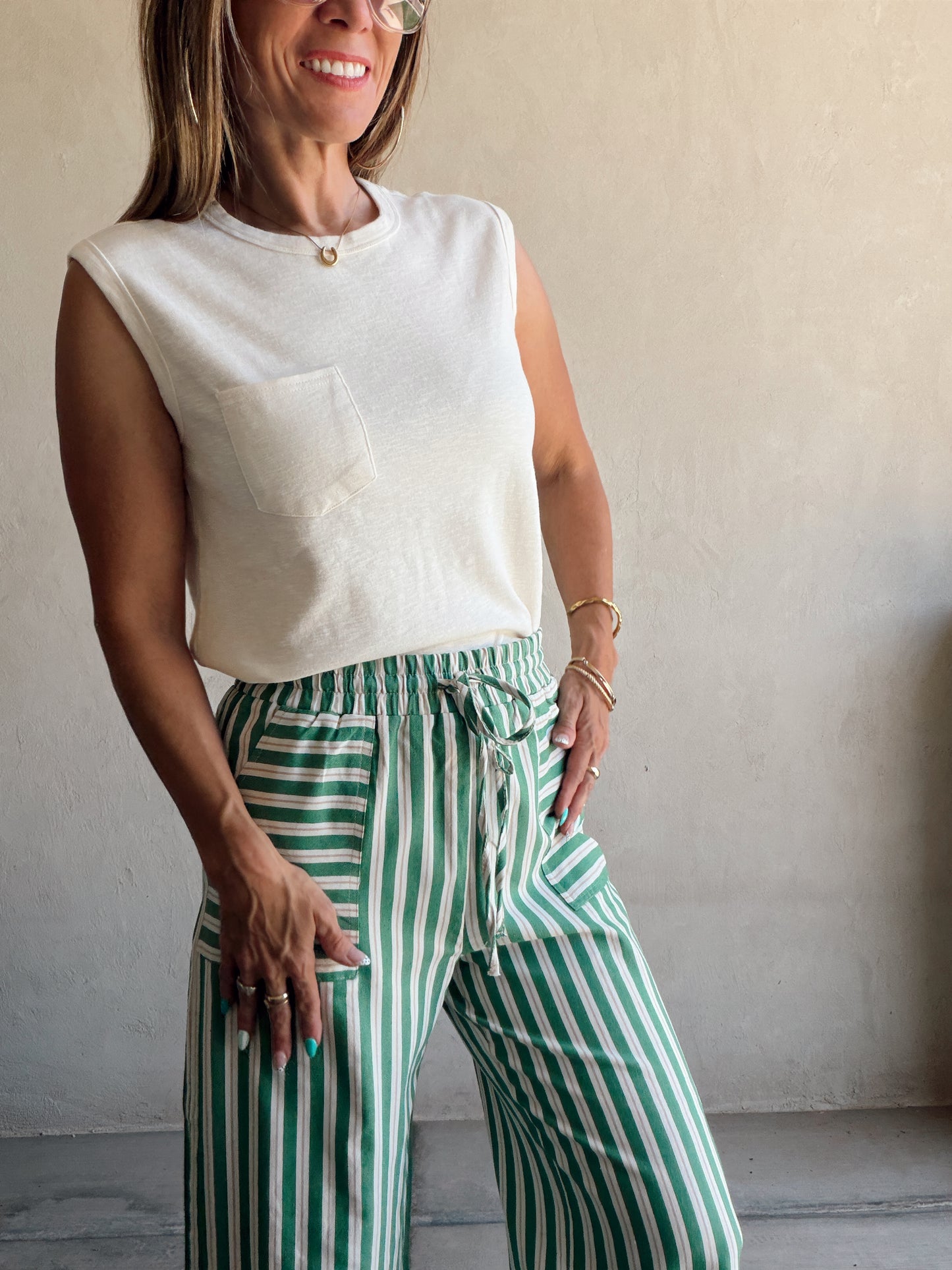 Kyla Drawstring Stripe Linen Pants in Green & Sand