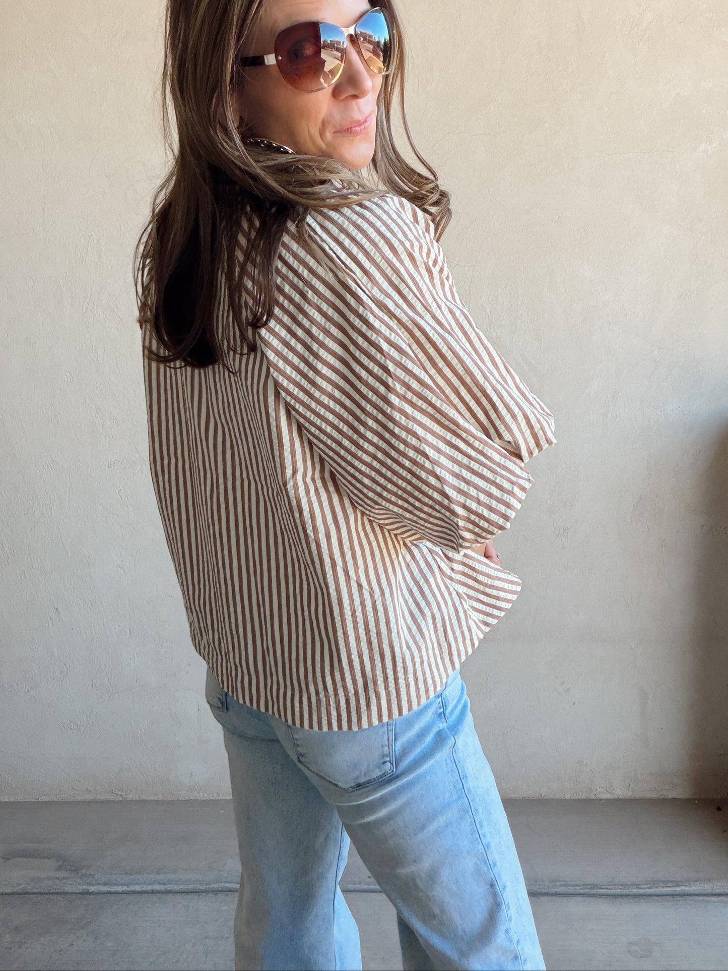 Jess Button Up Top in Pecan Stripe