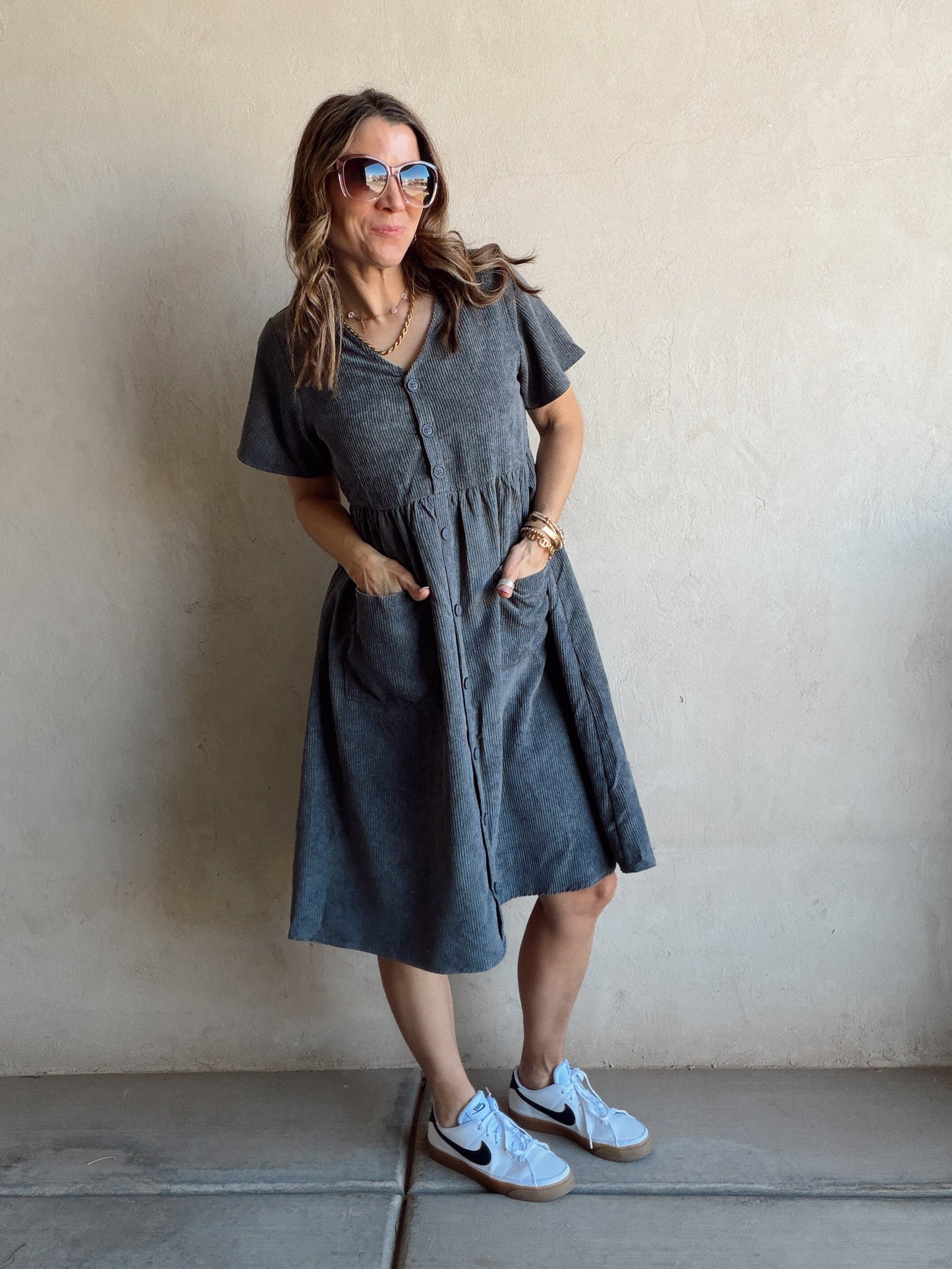 McKayla Corduroy Dress in Slate