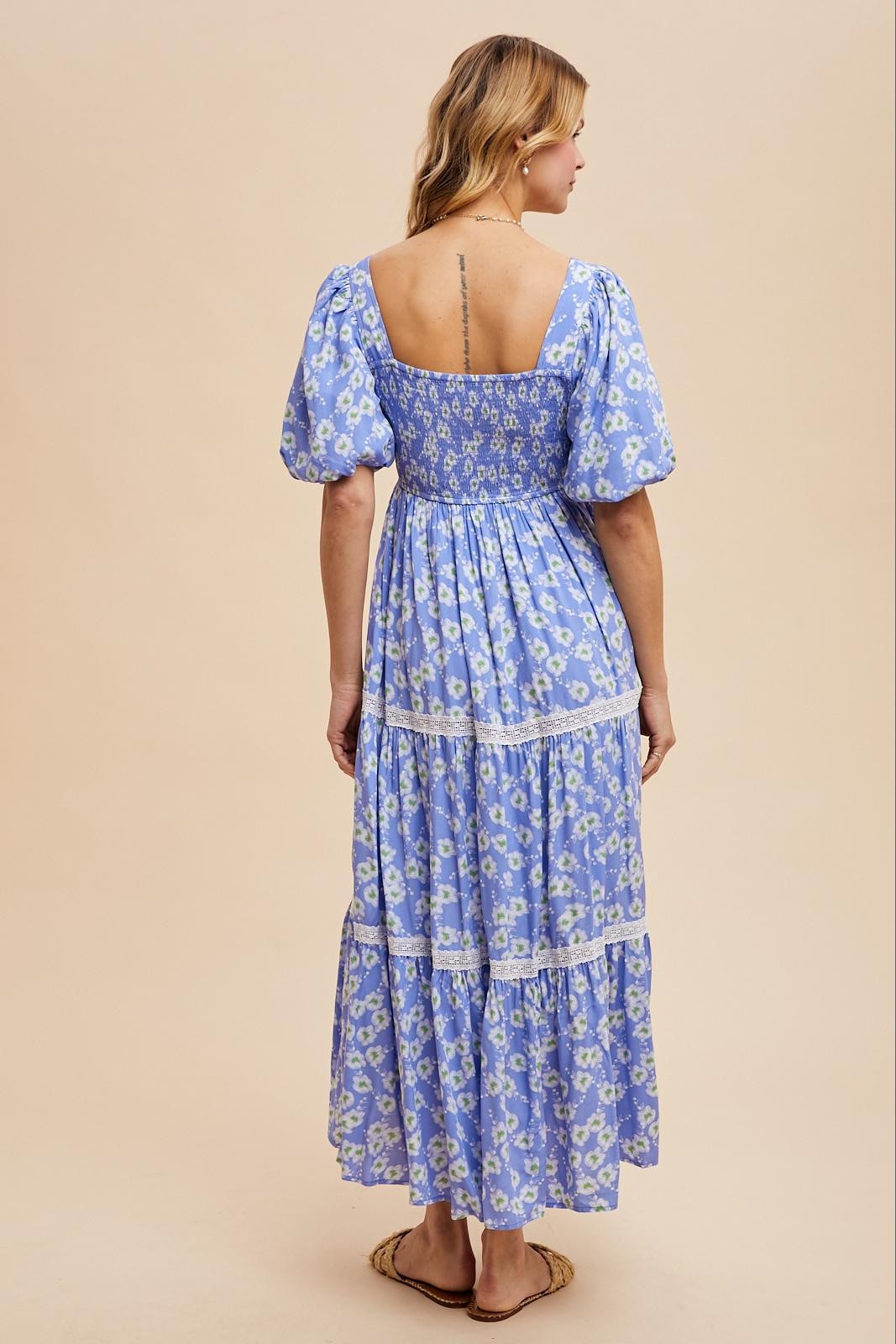 Nina Floral Square Neck Maxi Dress in Blue