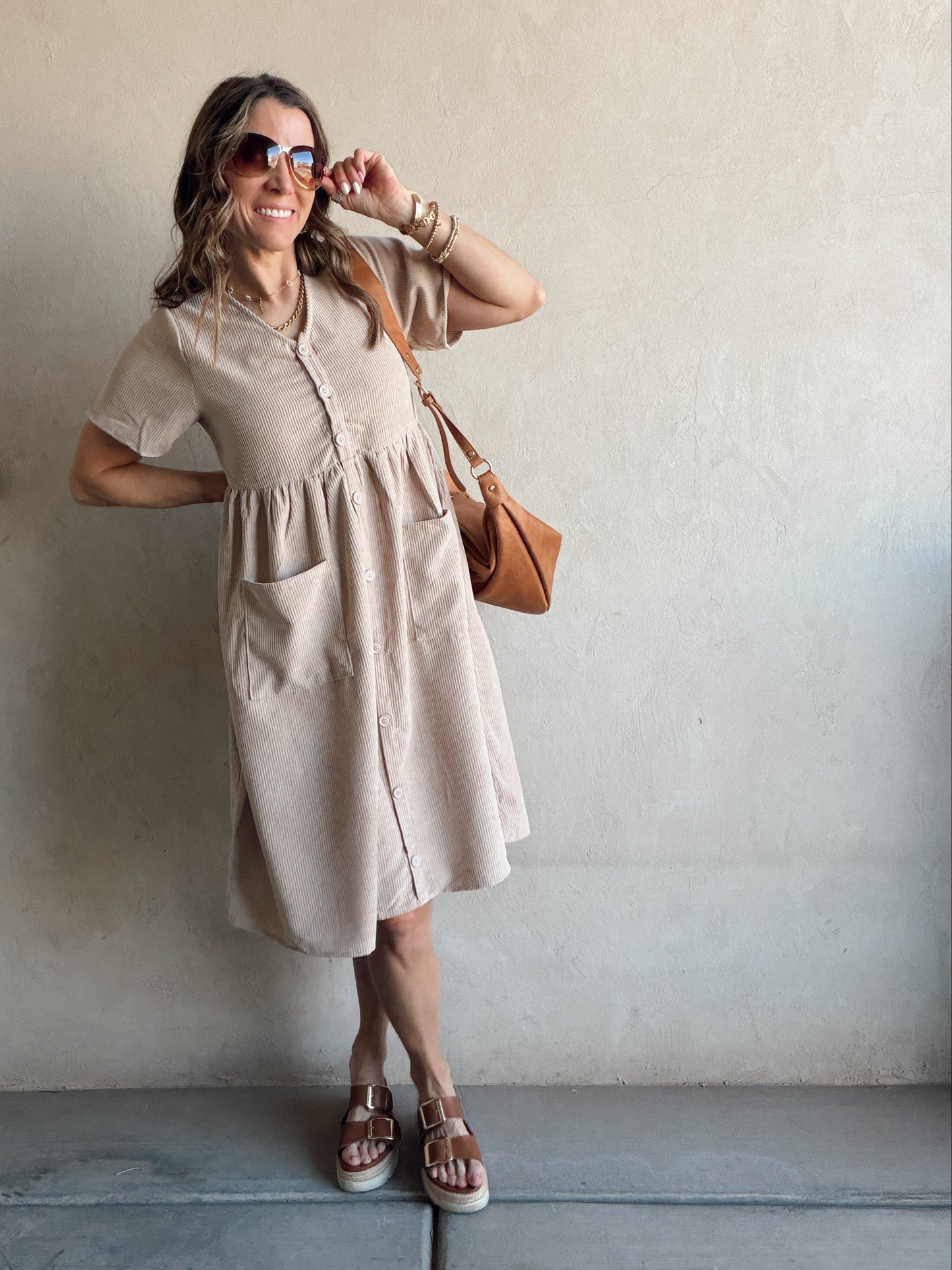 McKayla Corduroy Dress in Beige