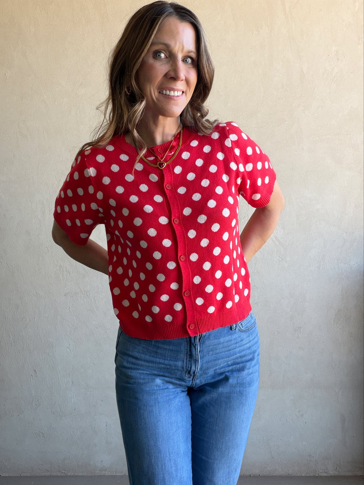 Polka Dot Cardigan in Red & Ivory