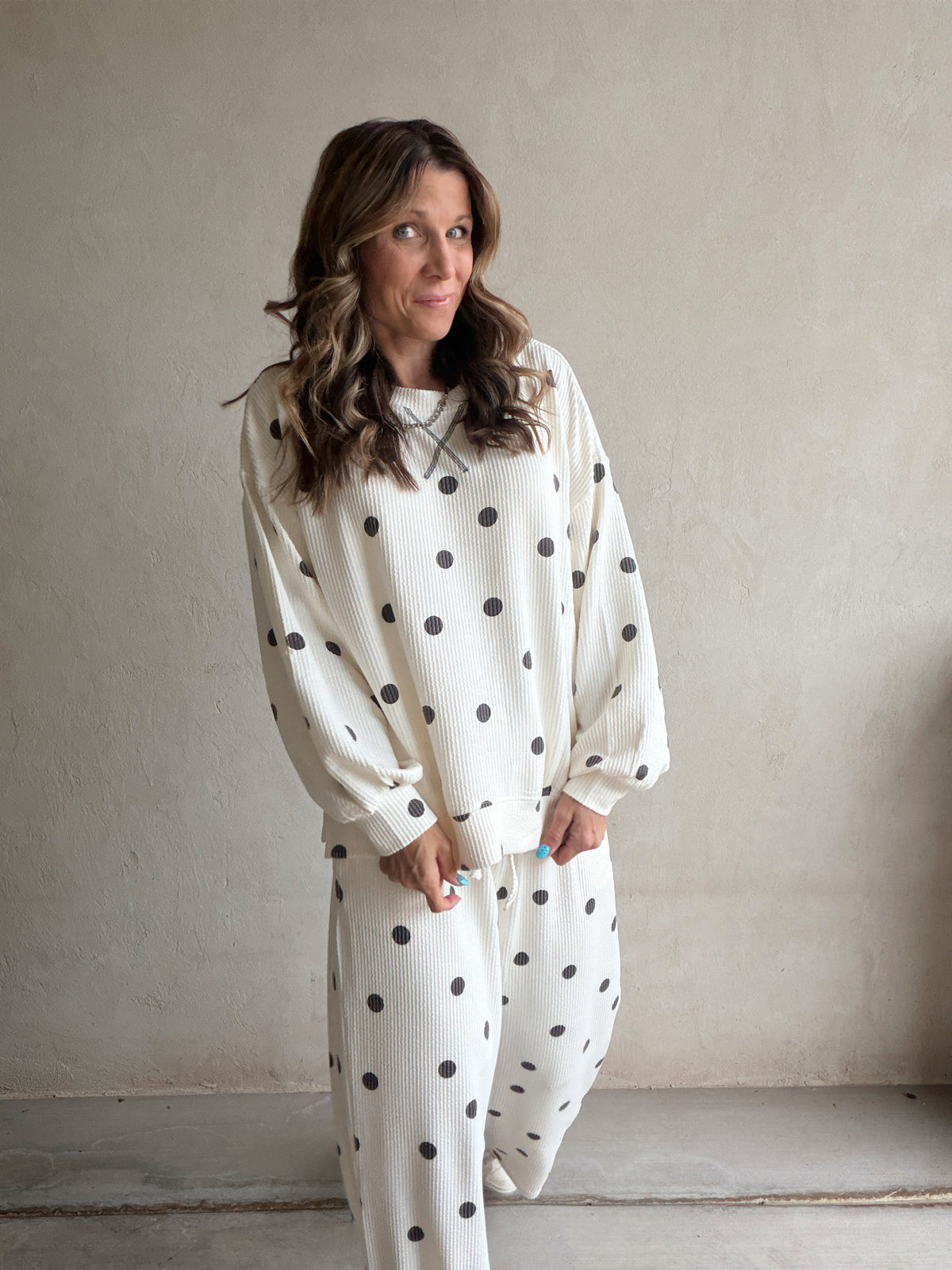 Rylee Ribbed Polka Dot Set in Ecru & Black