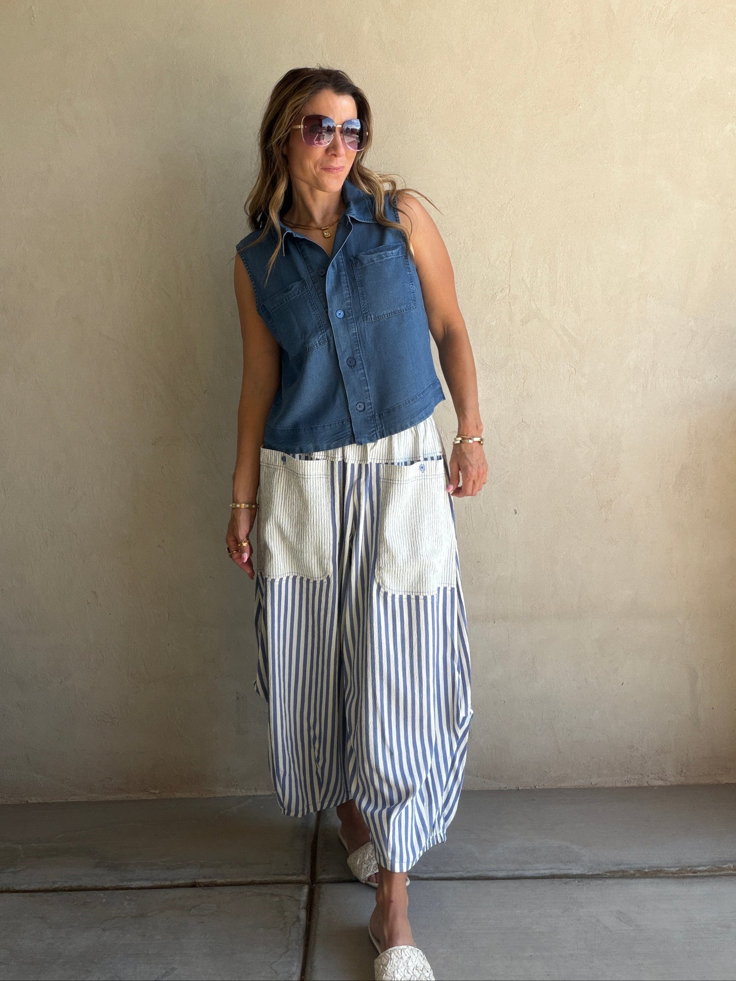 Charley Striped Parachute Pants in Blue & Cream