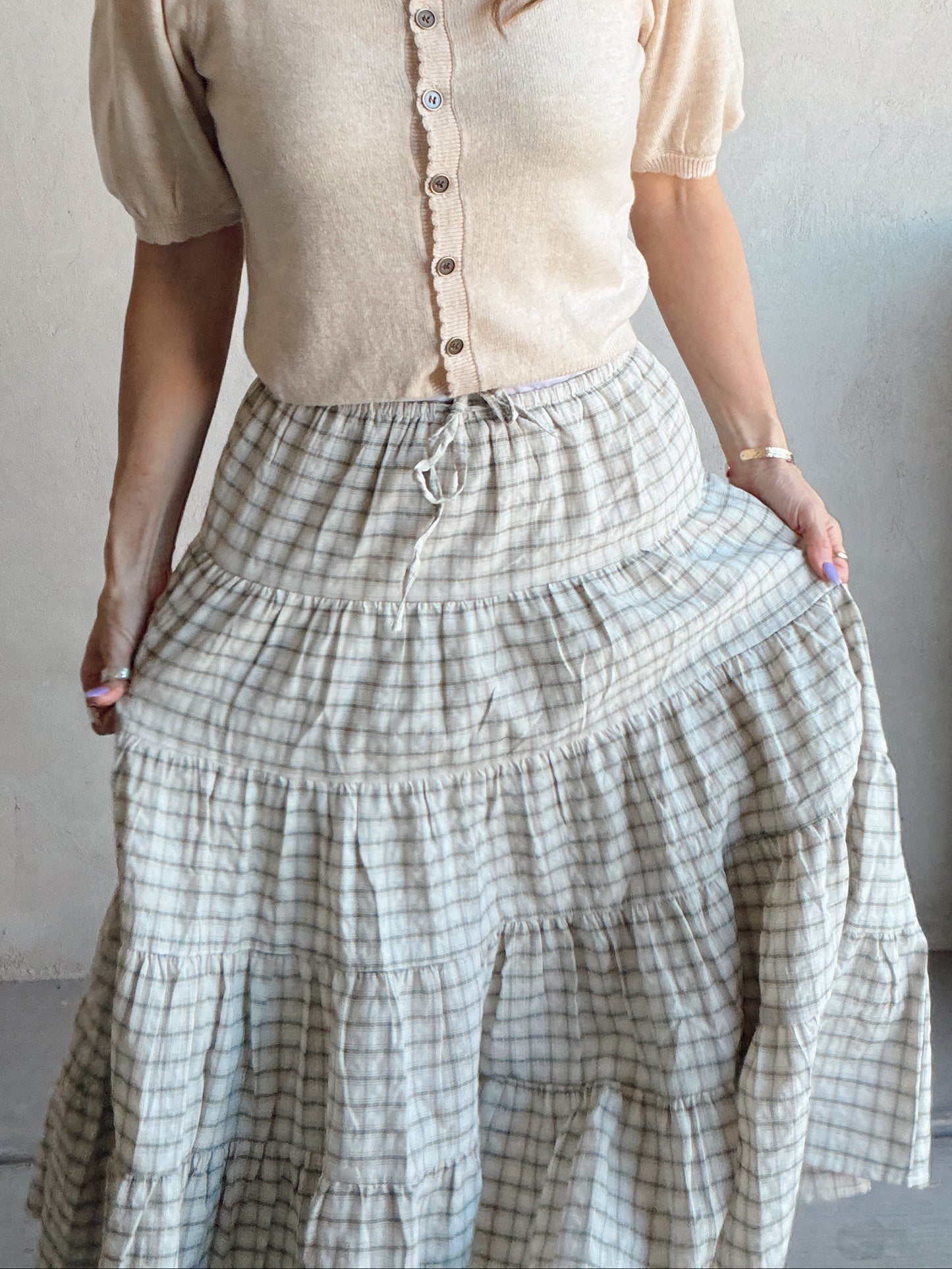 Sadie Midi Skirt in Olive, Tan & Cream