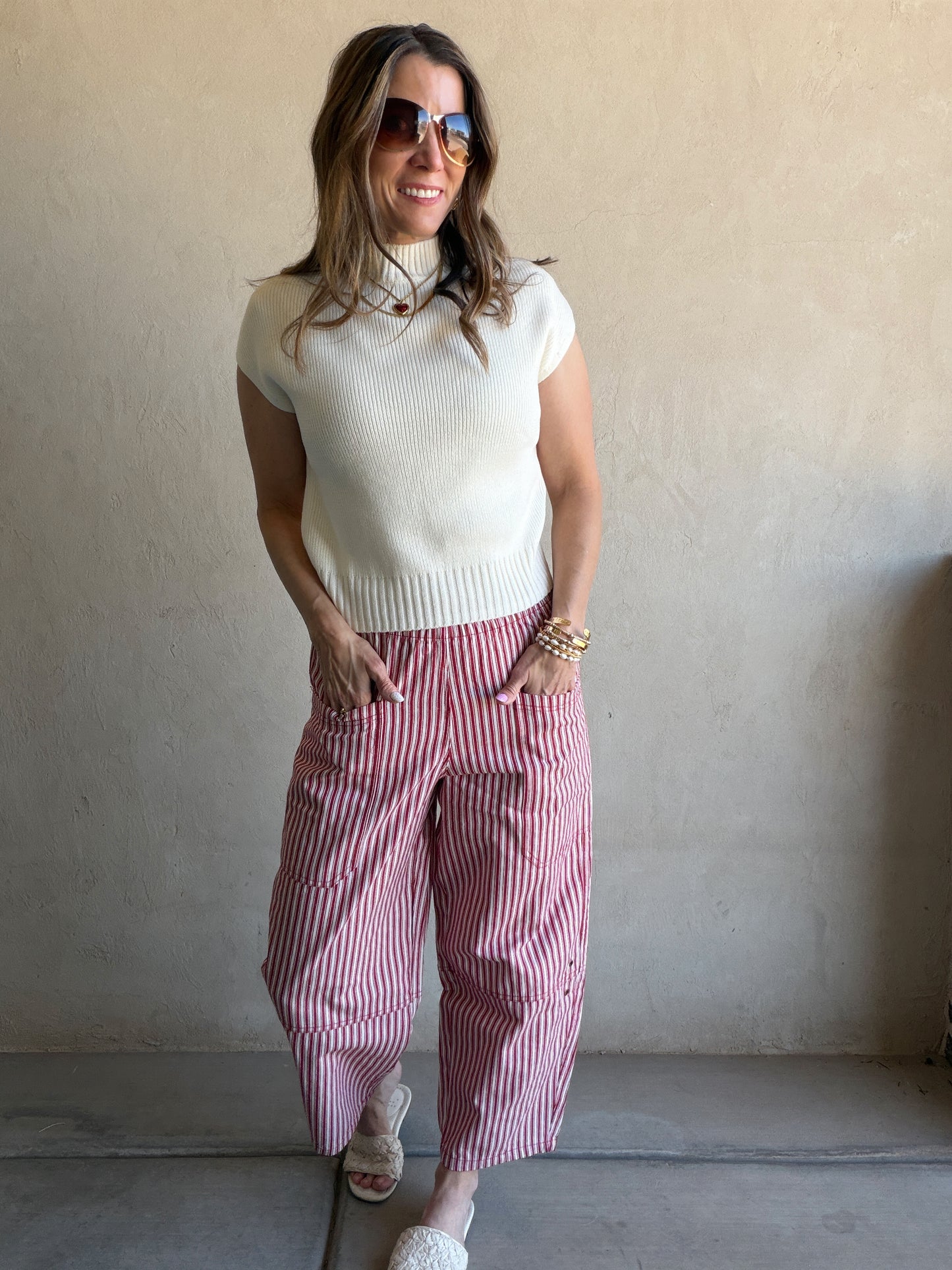 Striped Barrel Pant in Red