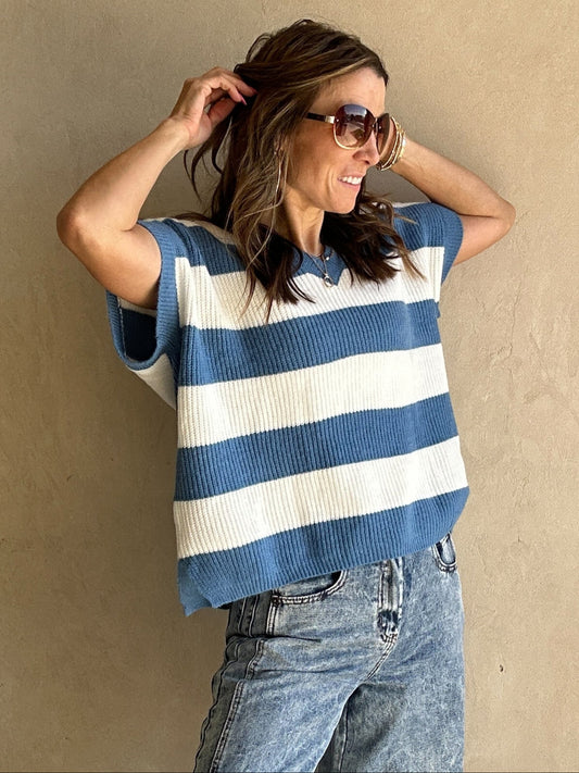 Sienna Sweater Vest in Blue & White