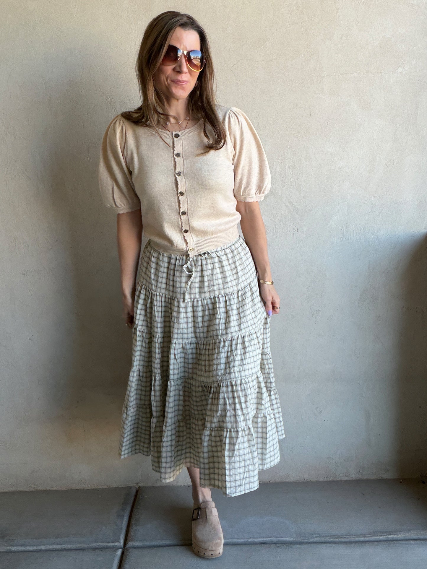 Sadie Midi Skirt in Olive, Tan & Cream