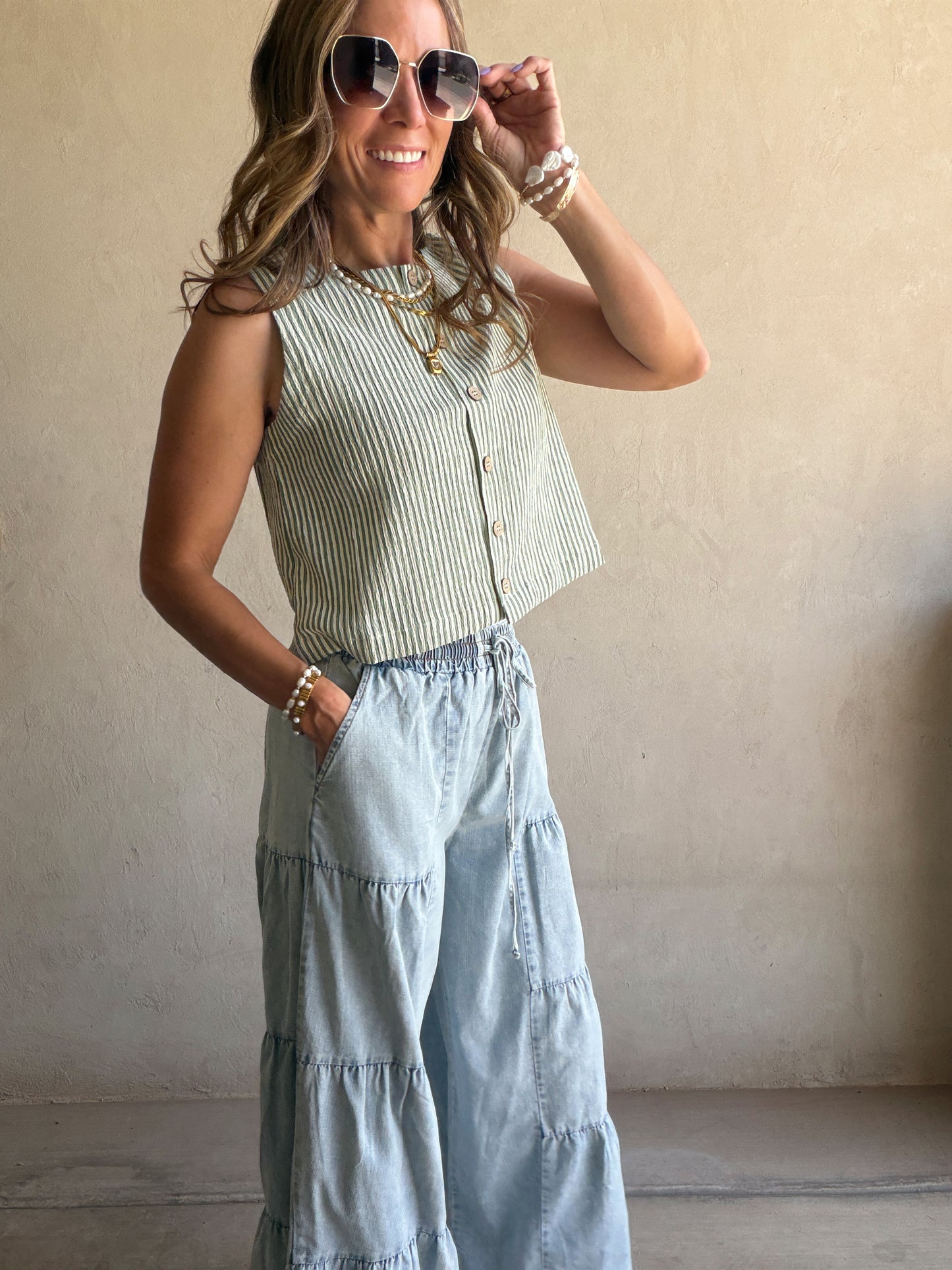 Melinda Tank in Sage & White