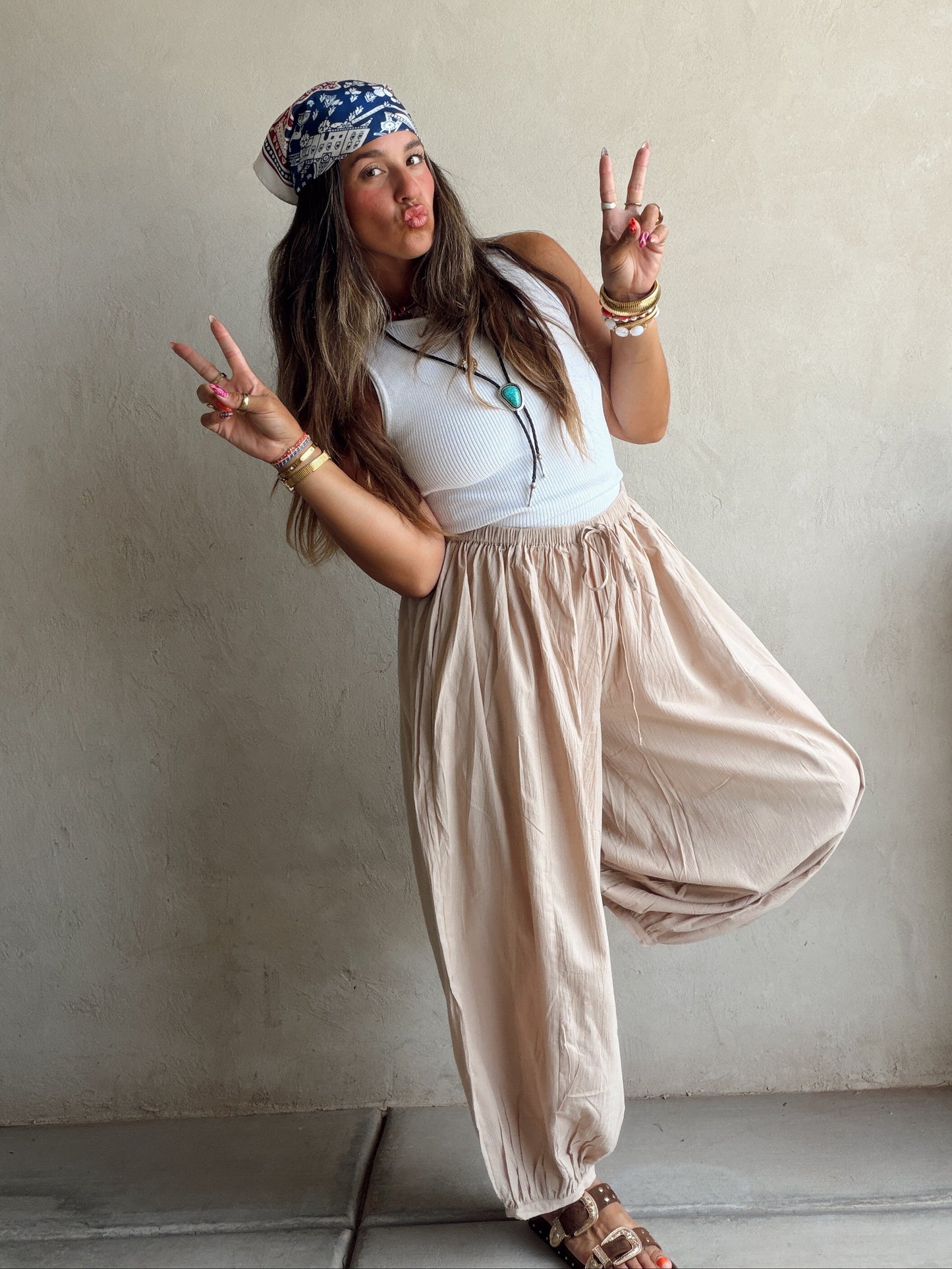 Tara Flowy Parachute Pants in Tan