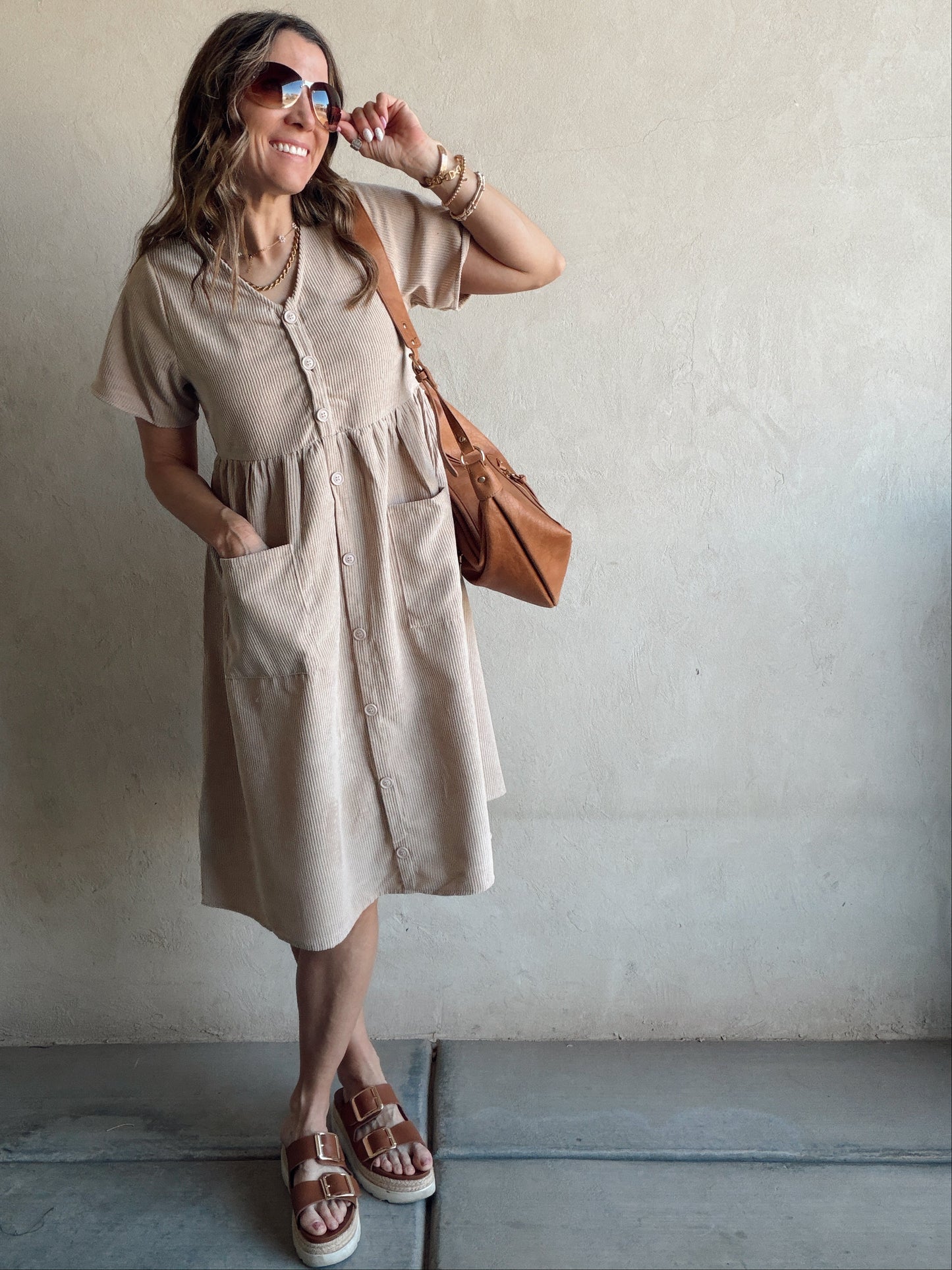 McKayla Corduroy Dress in Beige