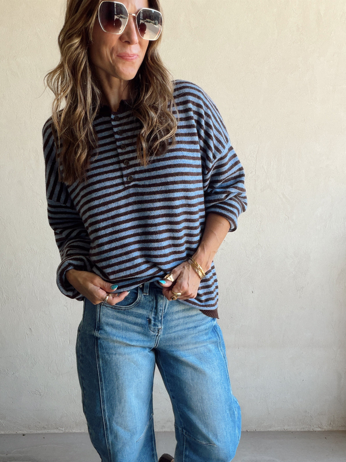 Hanna Henley Sweater in Blue & Chocolate