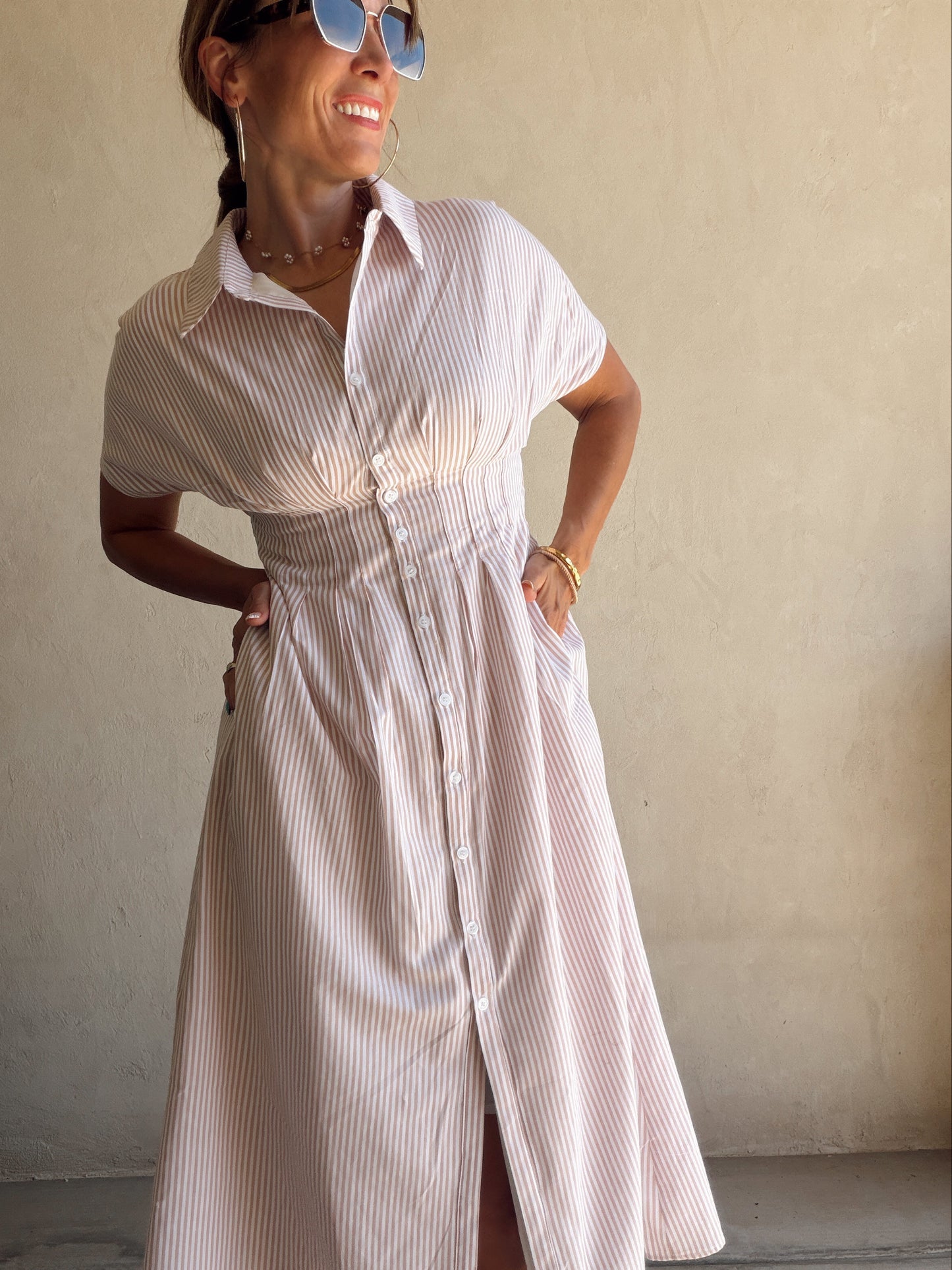 Sherri Striped Dress in Taupe & White