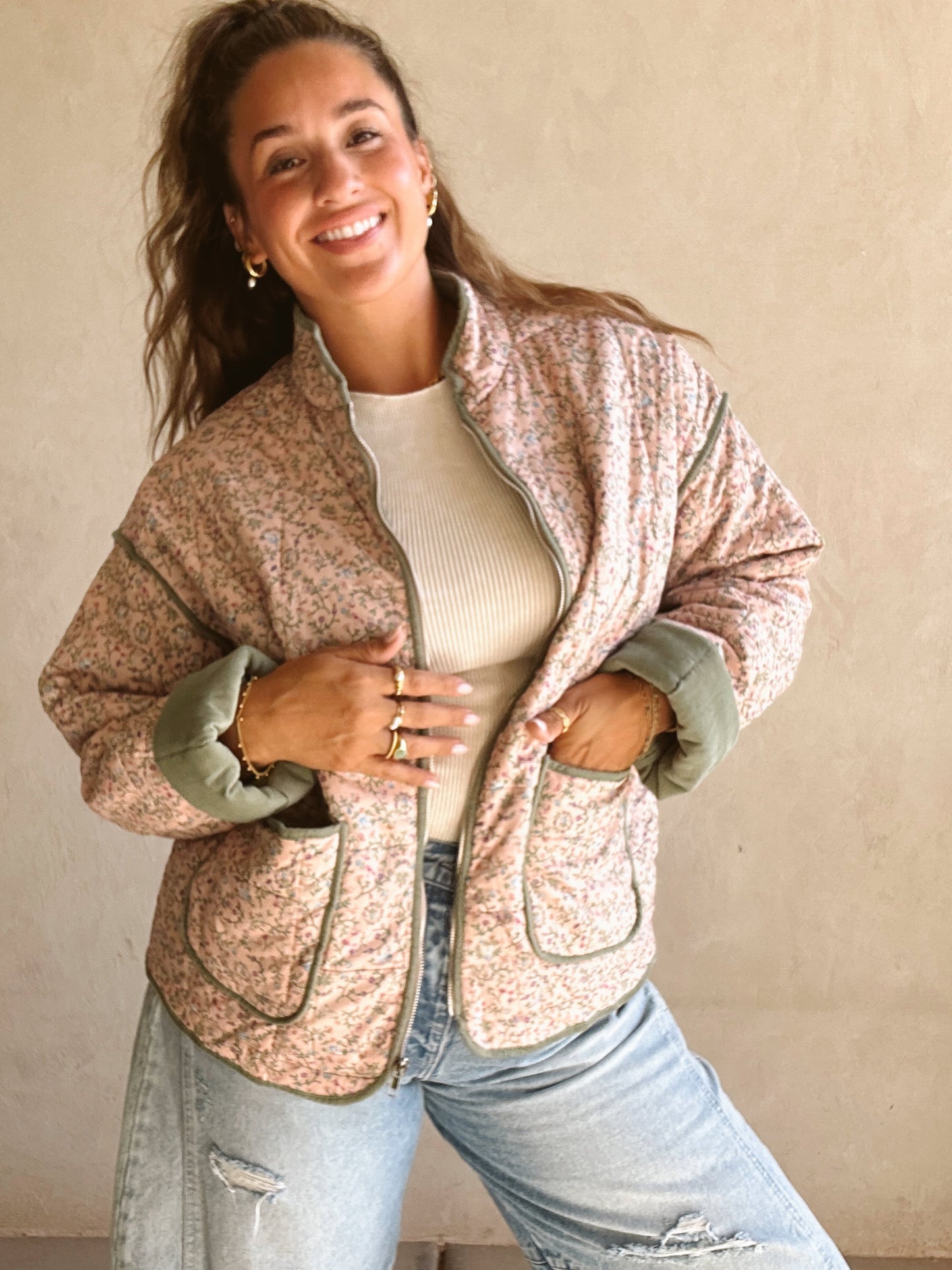 Amber Quilted Jacket in Pink and Sage