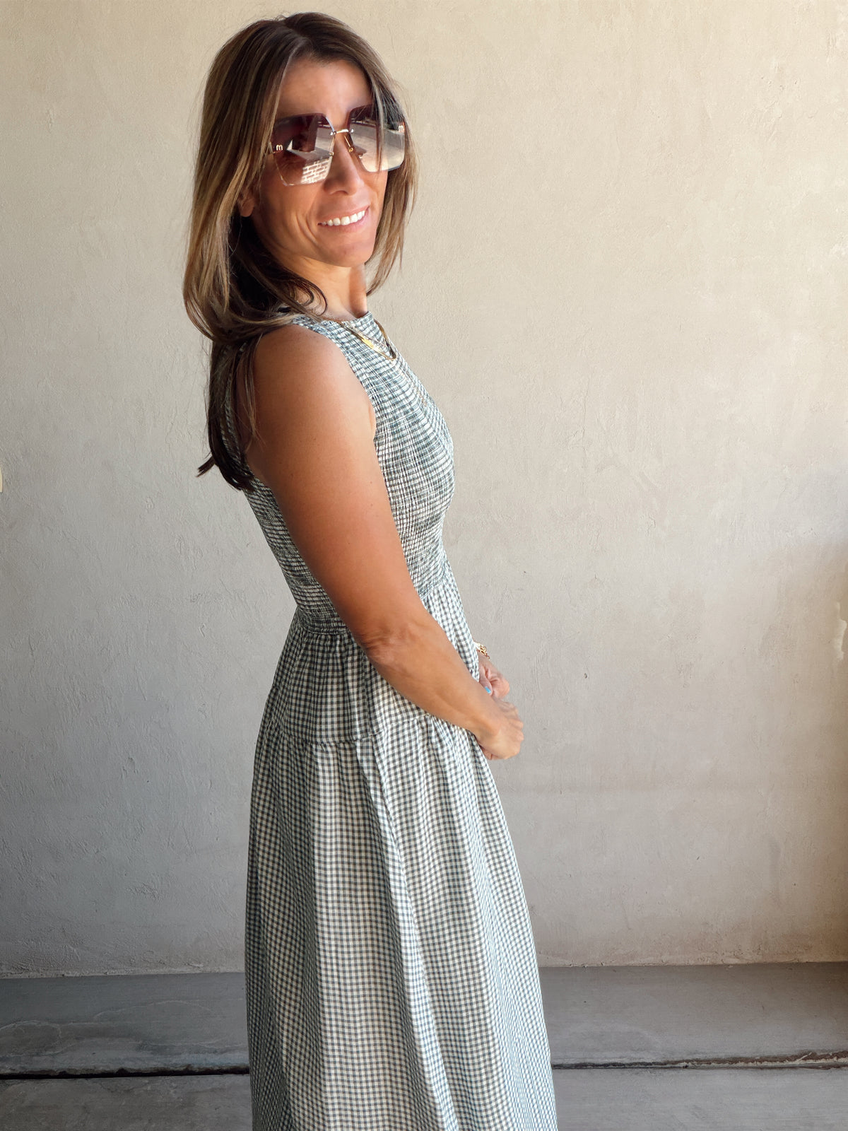Denise Dress in Gingham Dress in Evergreen & Cream