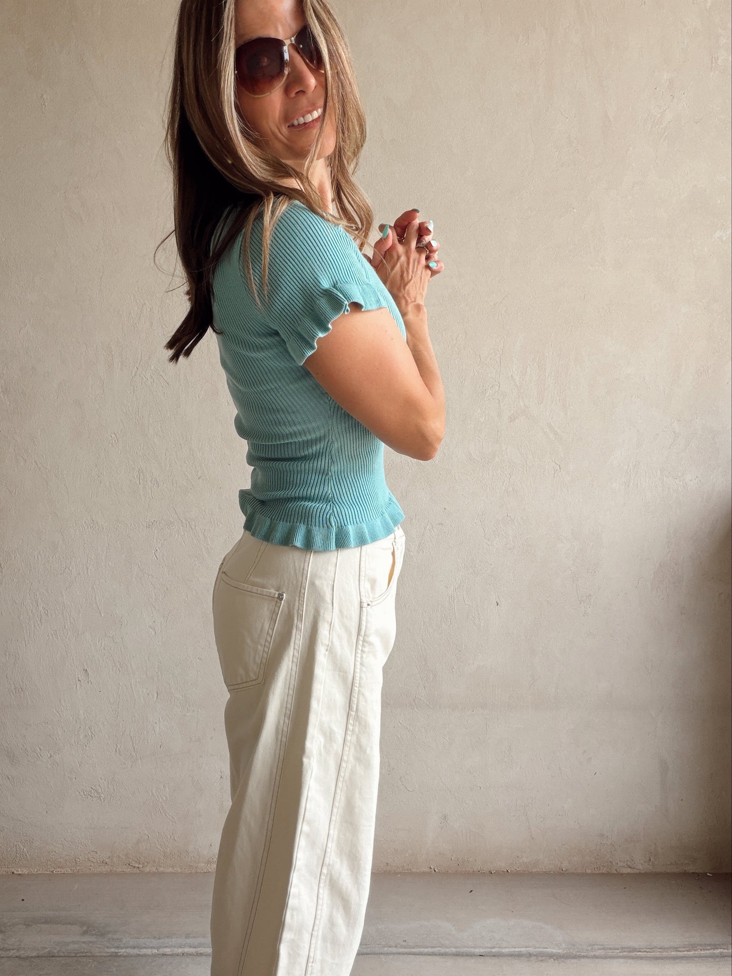Rilee Ribbed Scoop Neck Top in Teal