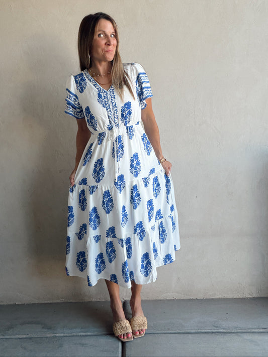 Erin Dress in Royal Blue & White