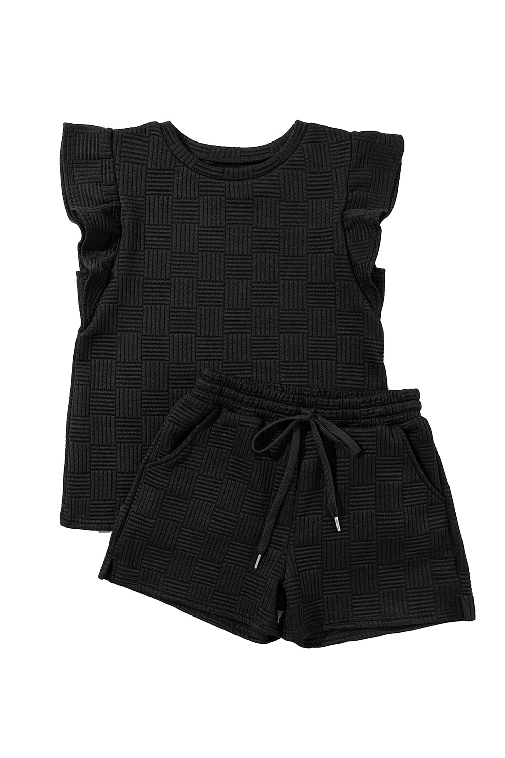 Black Textured Ruffled Sleeve Tee and Drawstring Shorts Set (Takes 2 Weeks Delivery)