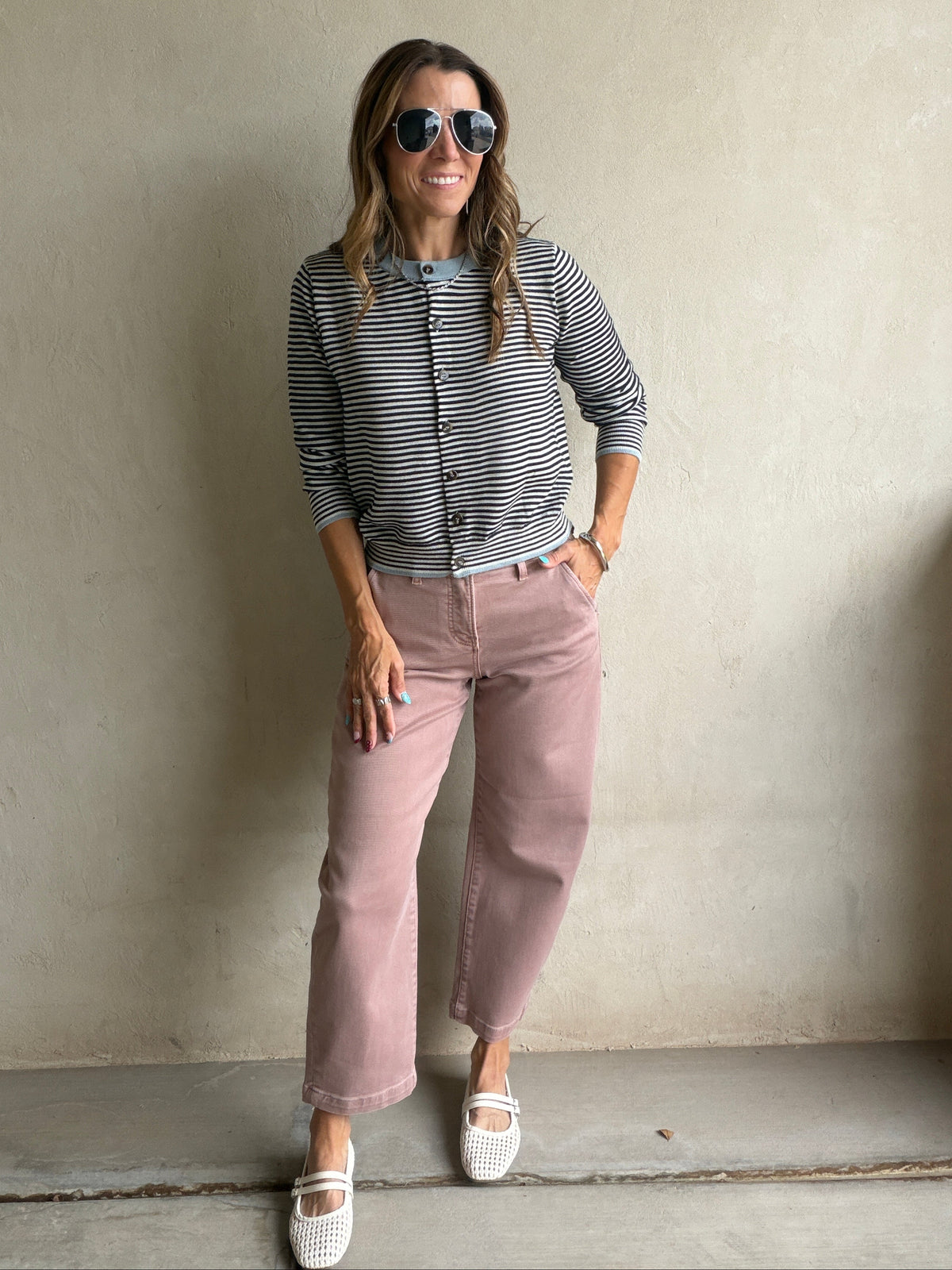 Adrienne Cardigan in in Dark Navy Stripe