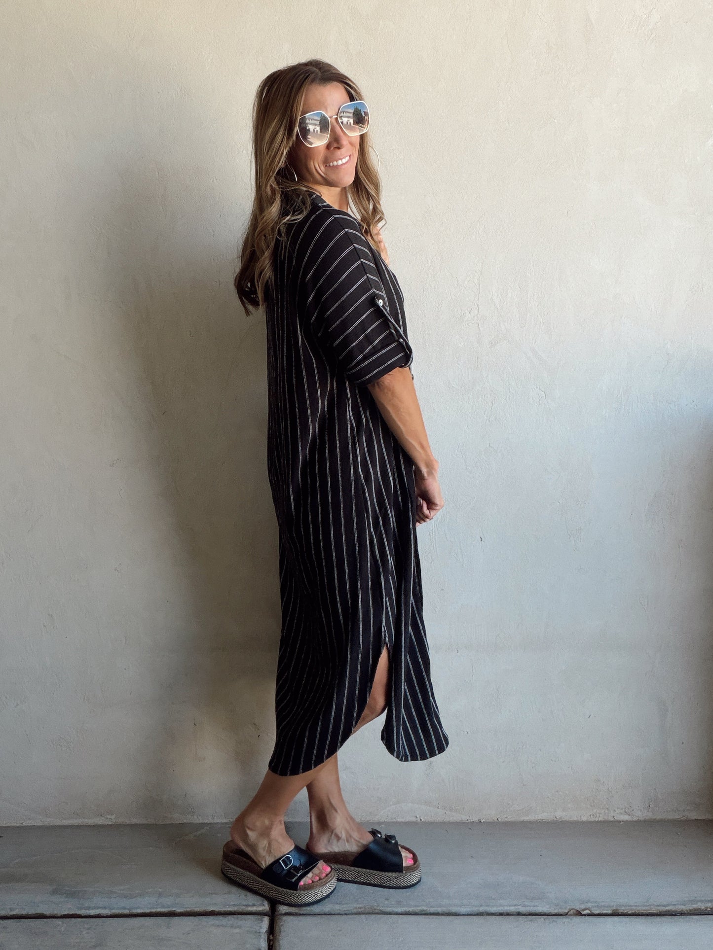 Tia Dress in Black with White Stripes